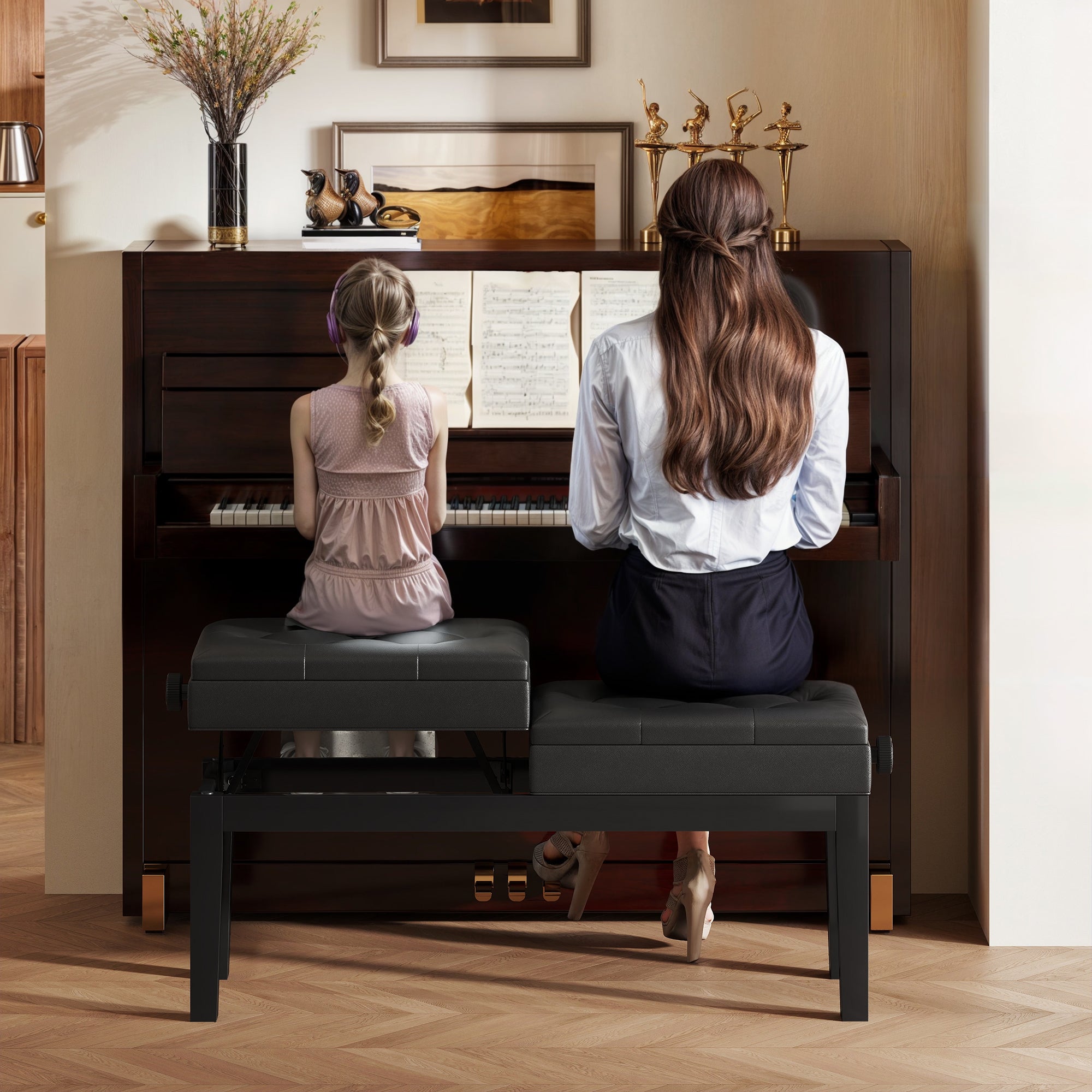 Adjustable Piano Bench Piano Stool with Storage, Supports up to 220 KG, Faux Leather, Black, 105 x 37 x 48-58 cm