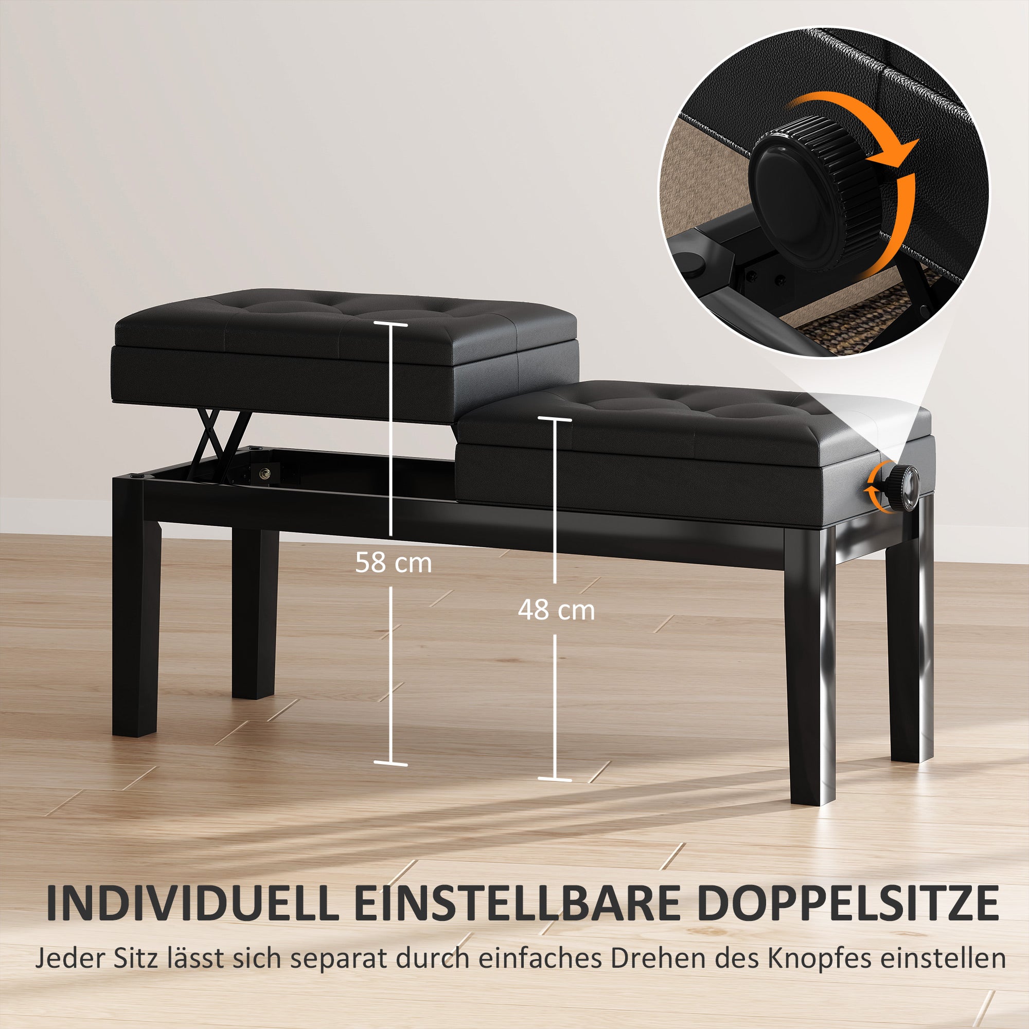 Adjustable Piano Bench Piano Stool with Storage, Supports up to 220 KG, Faux Leather, Black, 105 x 37 x 48-58 cm