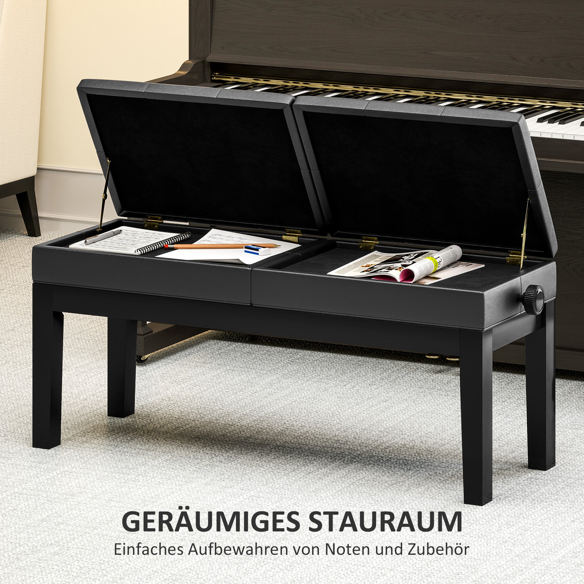Adjustable Piano Bench Piano Stool with Storage, Supports up to 220 KG, Faux Leather, Black, 105 x 37 x 48-58 cm