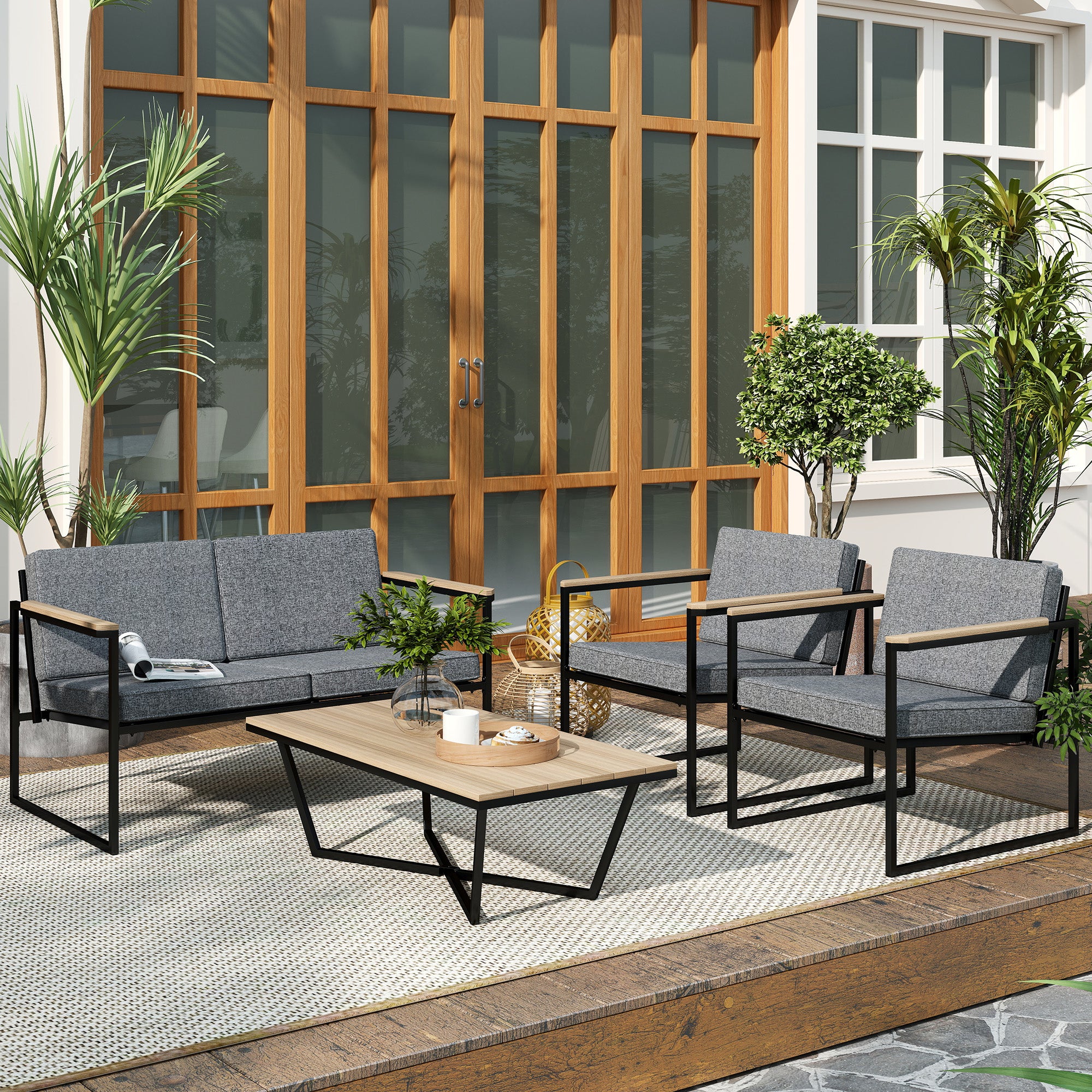 Garden Furniture Set 4 Persons Weatherproof Balcony Furniture Set with 2 Seater Sofa, 2 Chairs Seat Cushions Side Table Outdoor Seating Group Patio Furniture Garden Set for Garden Terrace Balcony Gray