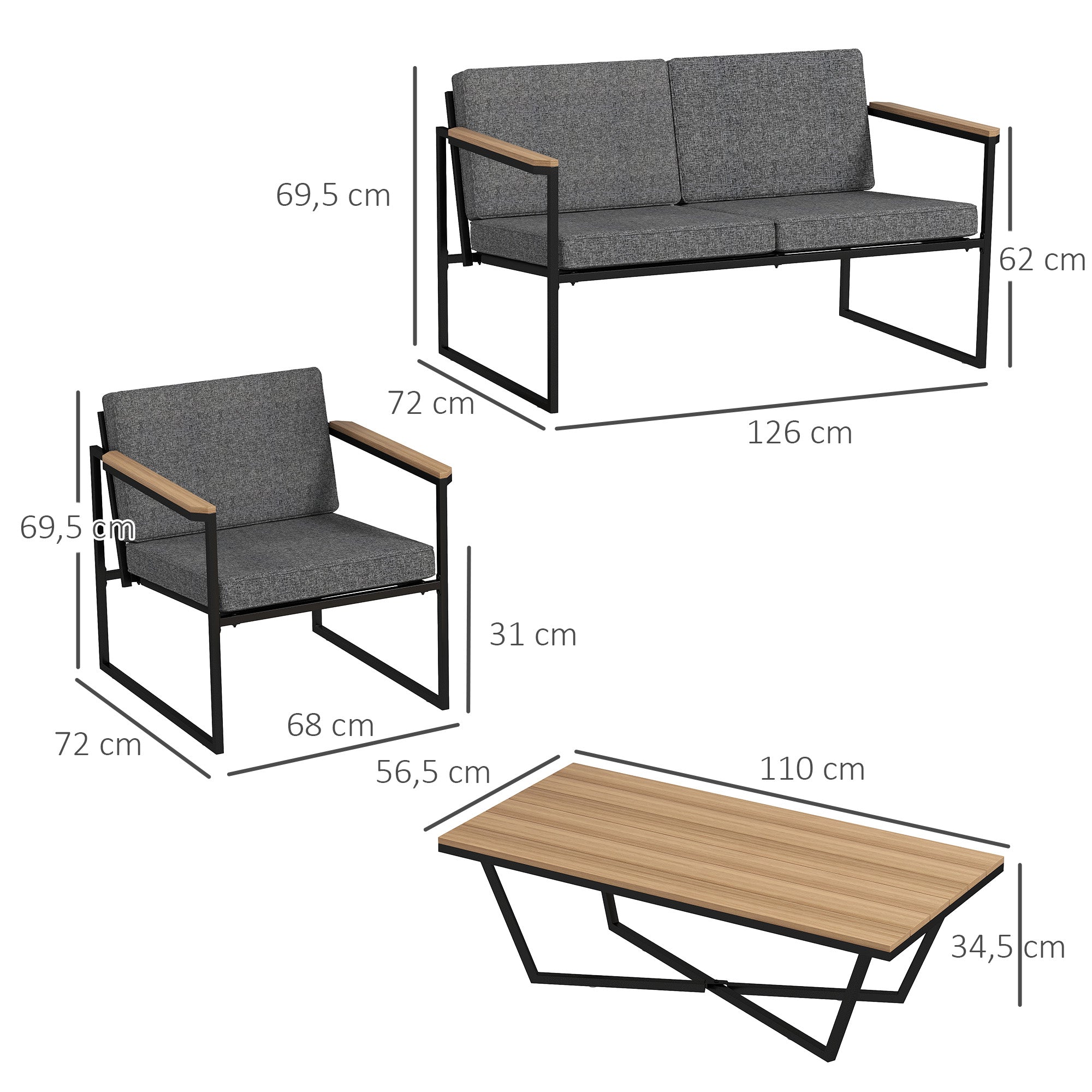Garden Furniture Set 4 Persons Weatherproof Balcony Furniture Set with 2 Seater Sofa, 2 Chairs Seat Cushions Side Table Outdoor Seating Group Patio Furniture Garden Set for Garden Terrace Balcony Gray
