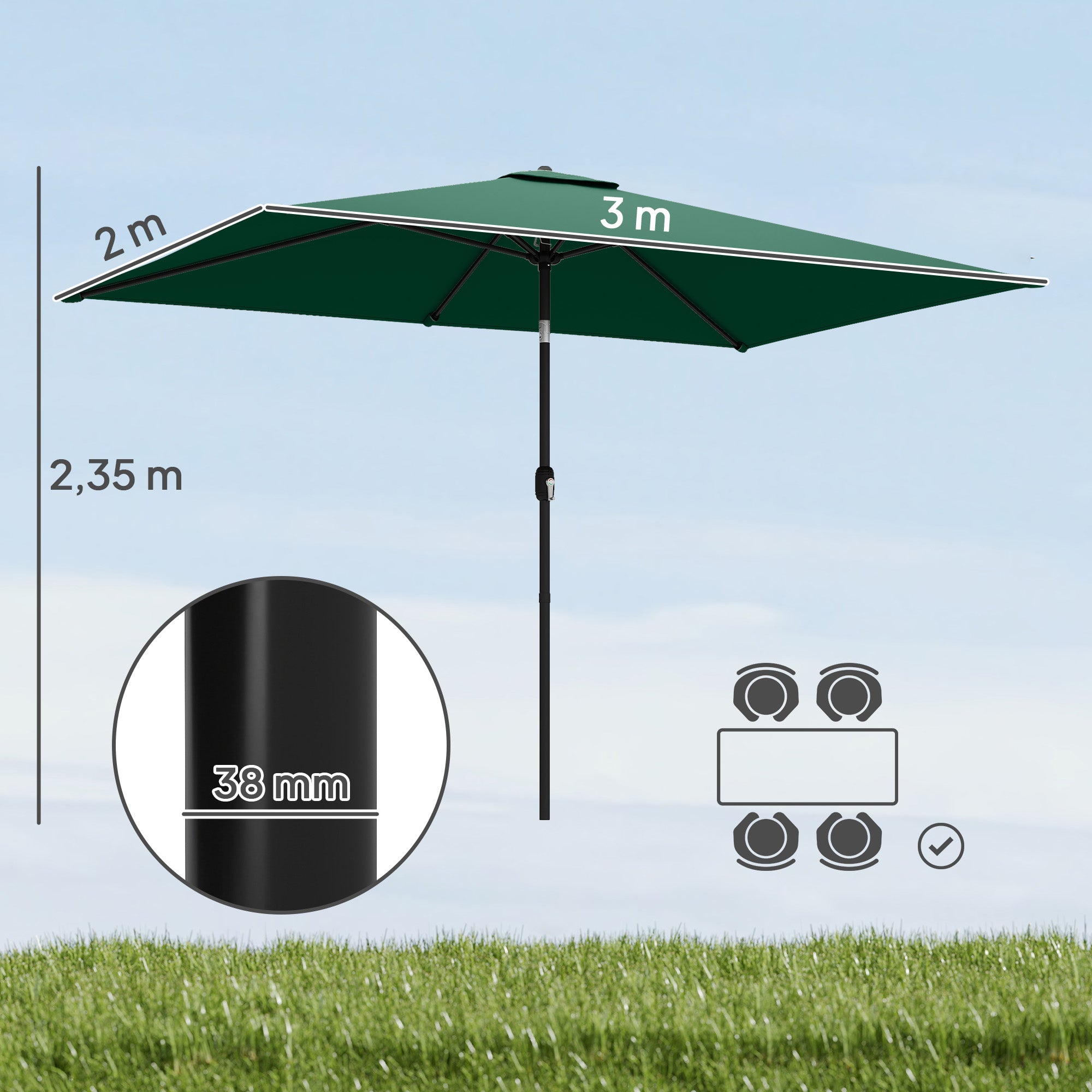 300 x 200 cm Tilt Rectangular Patio Umbrella with Crank & Cover — UV Protection, Wind-Resistant, Green