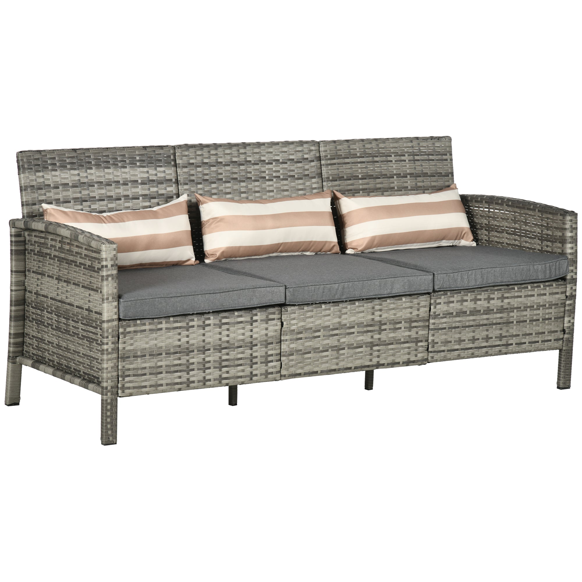 Rattan Sofa with Cushions, Three-seater, Garden Lounge Sofa, Steel, Gray, 173 x 68 x 78 cm