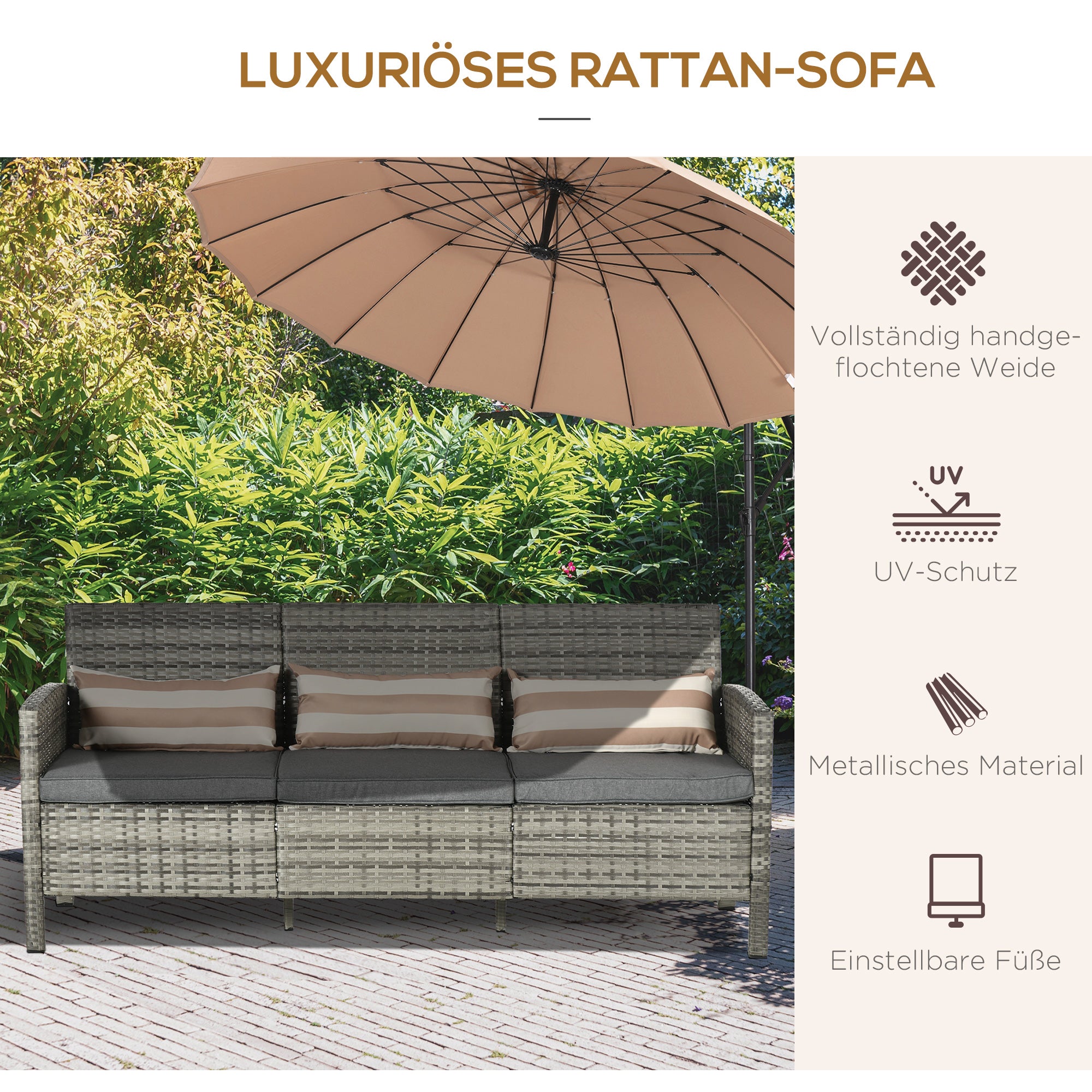 Rattan Sofa with Cushions, Three-seater, Garden Lounge Sofa, Steel, Gray, 173 x 68 x 78 cm