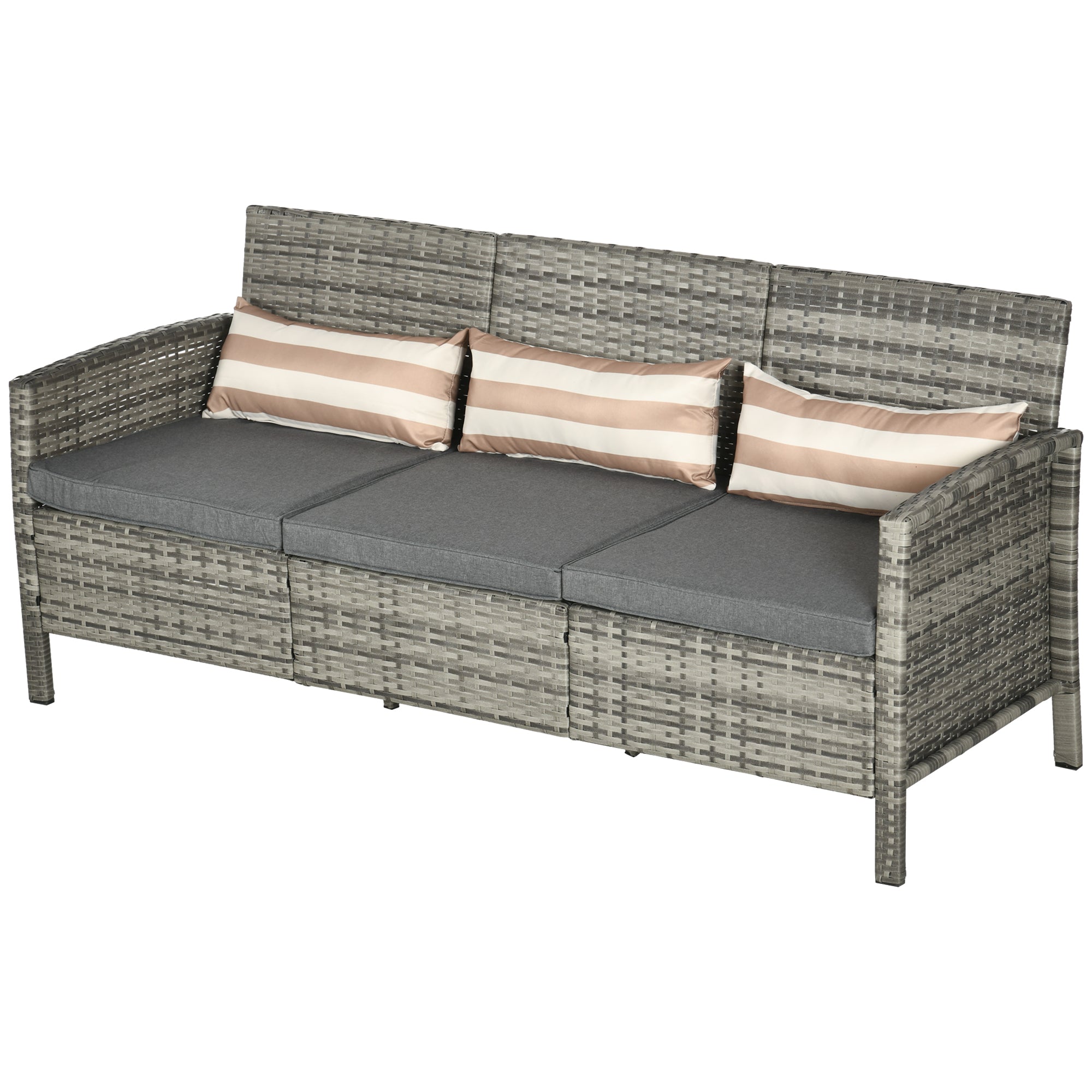 Rattan Sofa with Cushions, Three-seater, Garden Lounge Sofa, Steel, Gray, 173 x 68 x 78 cm