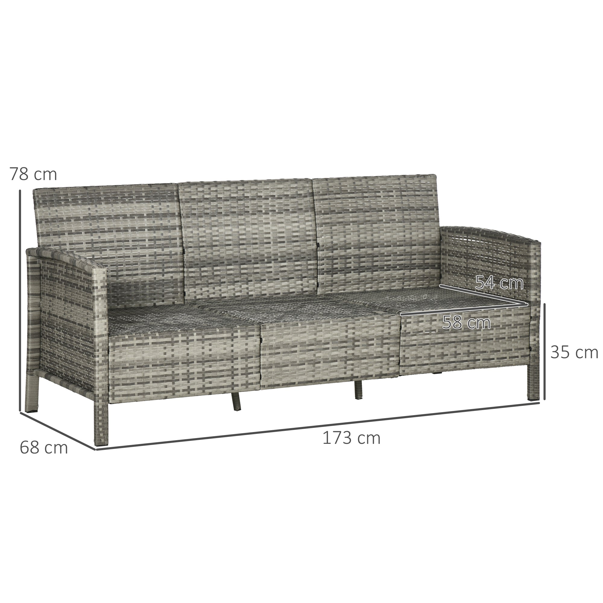 Rattan Sofa with Cushions, Three-seater, Garden Lounge Sofa, Steel, Gray, 173 x 68 x 78 cm
