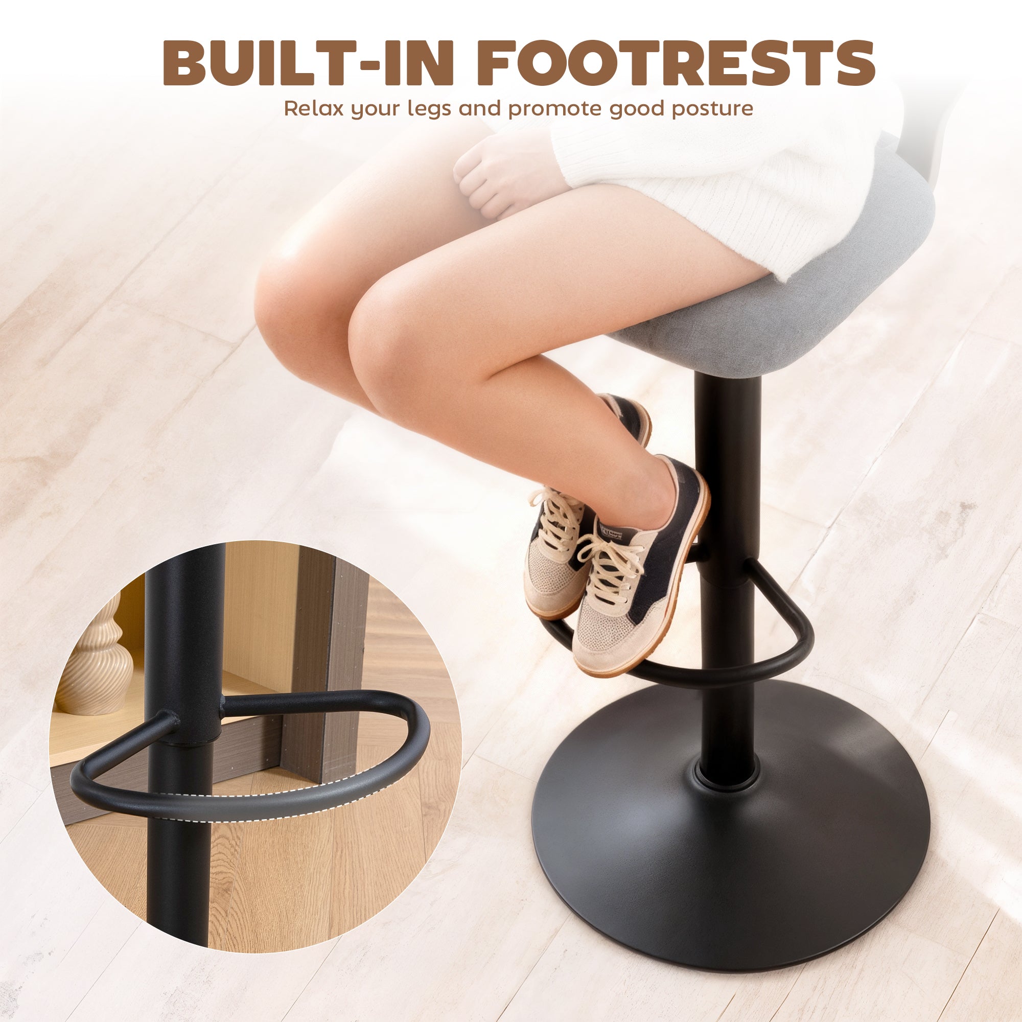 Set of 2 360° Swivel Kitchen Bar Stools, Height-Adjustable 33.1–41.3 in, Hollow Back, Footrest, for Dining Room & Counter, Gray