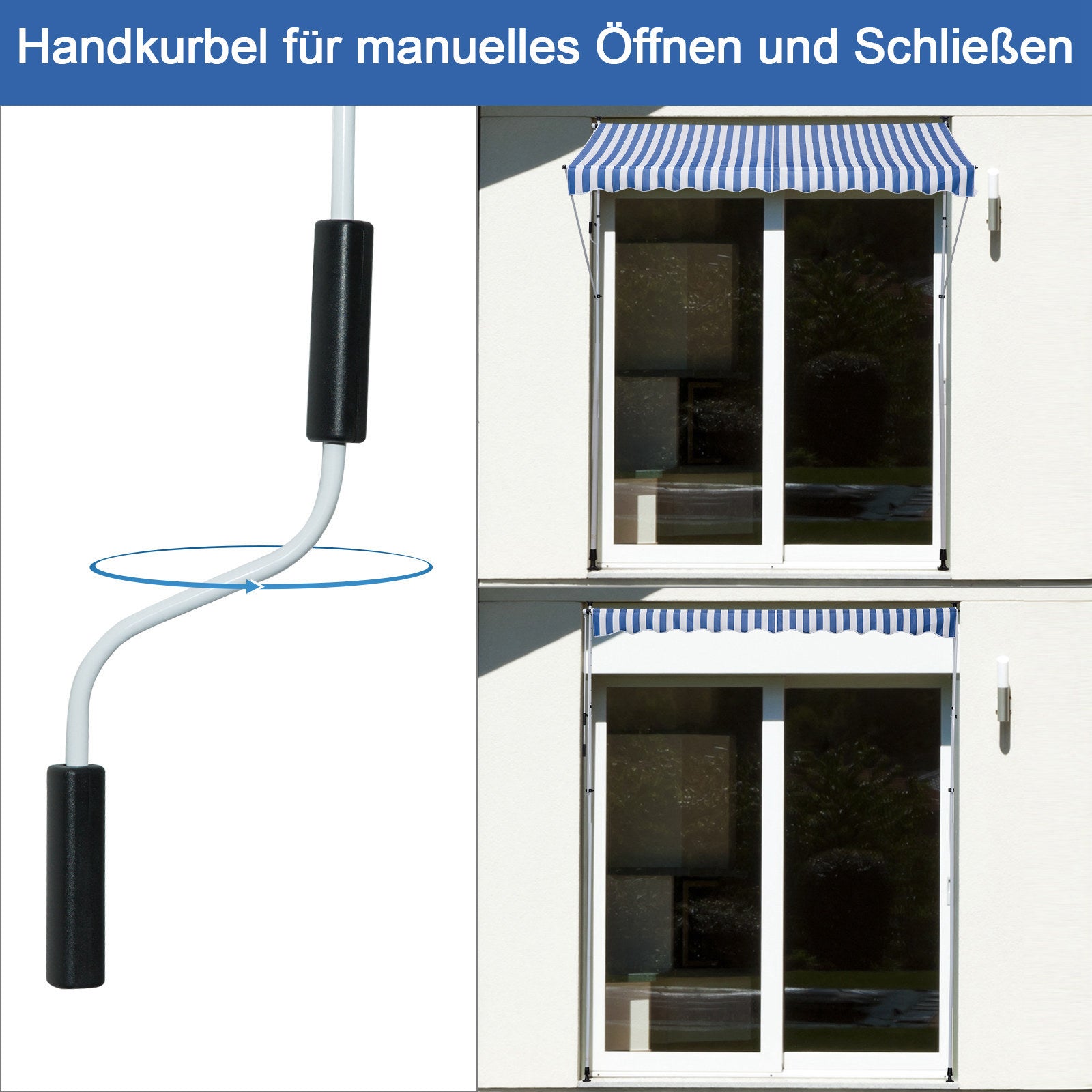 Clamp Awning with Hand Crank Height Adjustable Joint Arm Awning Dirt-Repellent, Weather-Resistant Balcony Awning 150cm Wide Patio Awning for Terrace Balcony Porch Blue+White
