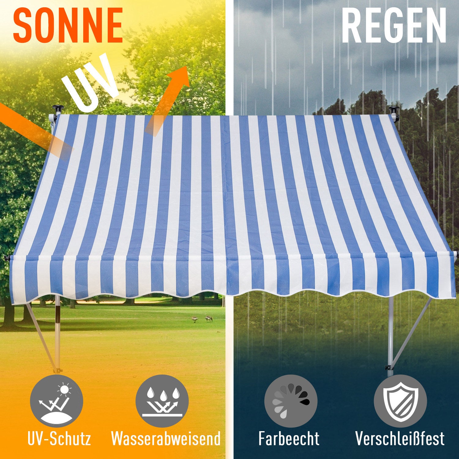 Clamp Awning with Hand Crank Height Adjustable Joint Arm Awning Dirt-Repellent, Weather-Resistant Balcony Awning 150cm Wide Patio Awning for Terrace Balcony Porch Blue+White