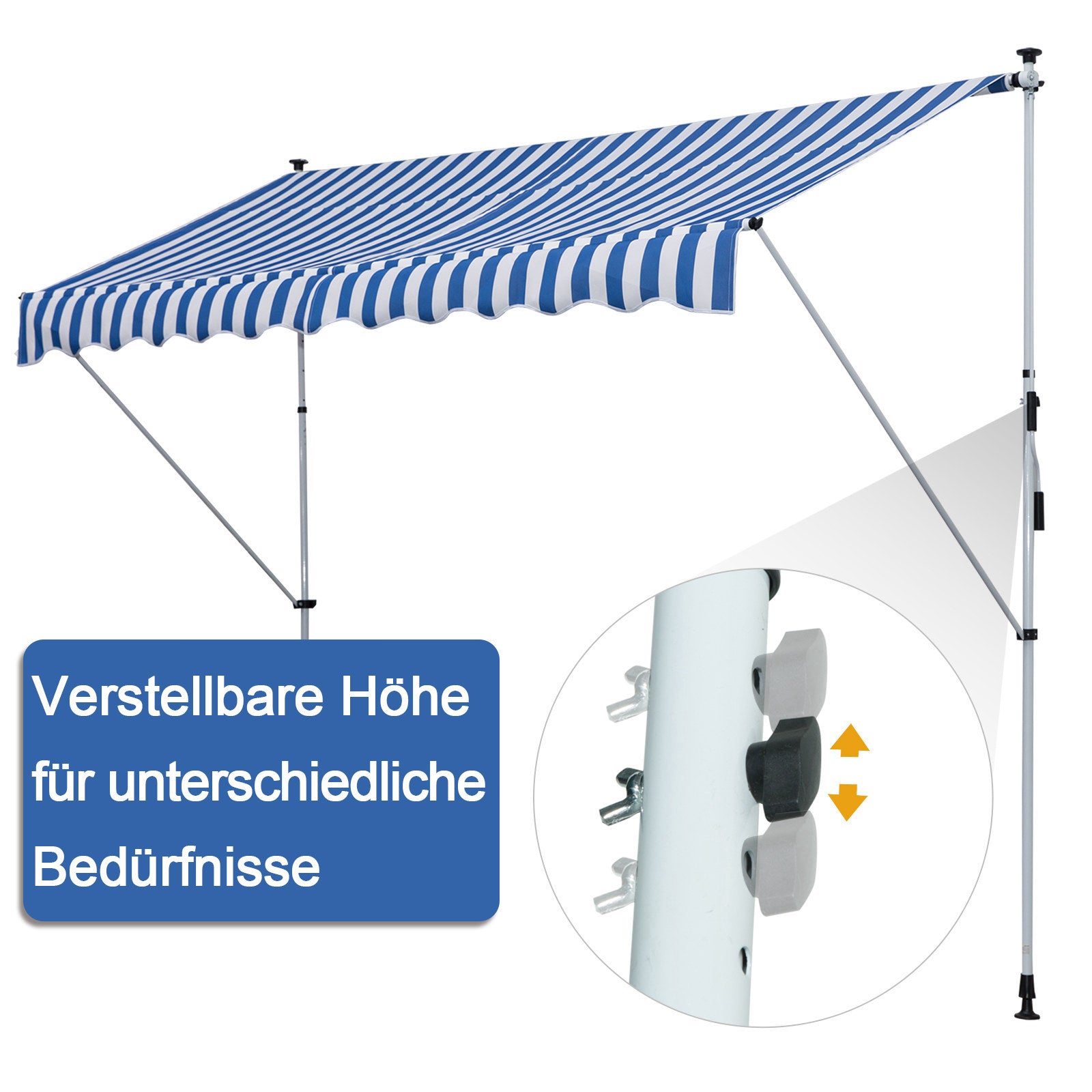 Clamp Awning with Hand Crank Height Adjustable Joint Arm Awning Dirt-Repellent, Weather-Resistant Balcony Awning 150cm Wide Patio Awning for Terrace Balcony Porch Blue+White