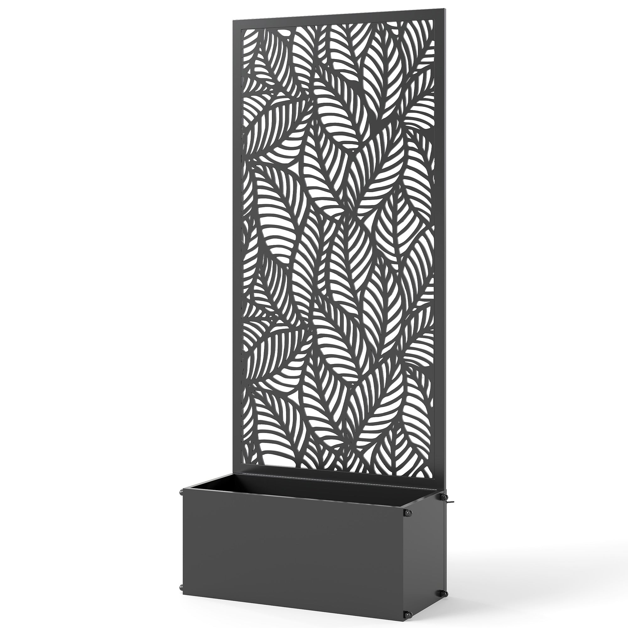 Metal Planter with Trellis — Raised Flower Bed with Privacy Screen, Leaf-Cut Design, for Climbers, Vegetables & Flowers, 45 x 21.5 x 110 cm (Black)