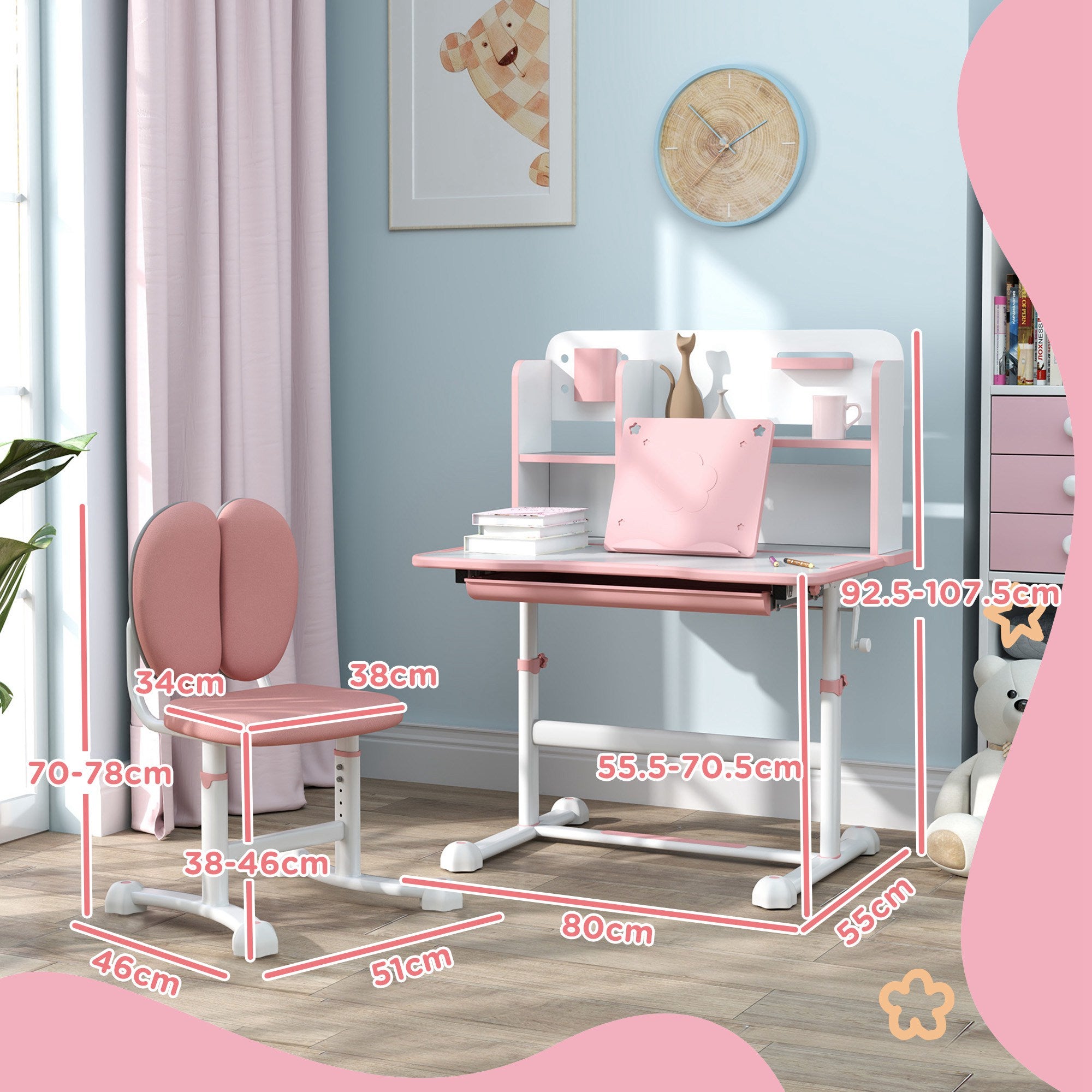 Adjustable Children's Desk and Chair Set for 3-12 Year Olds, School Desk with 45° Tilting Top, Drawer, Shelf, Pen Holder, and Bookstand, in Steel and MDF, Pink