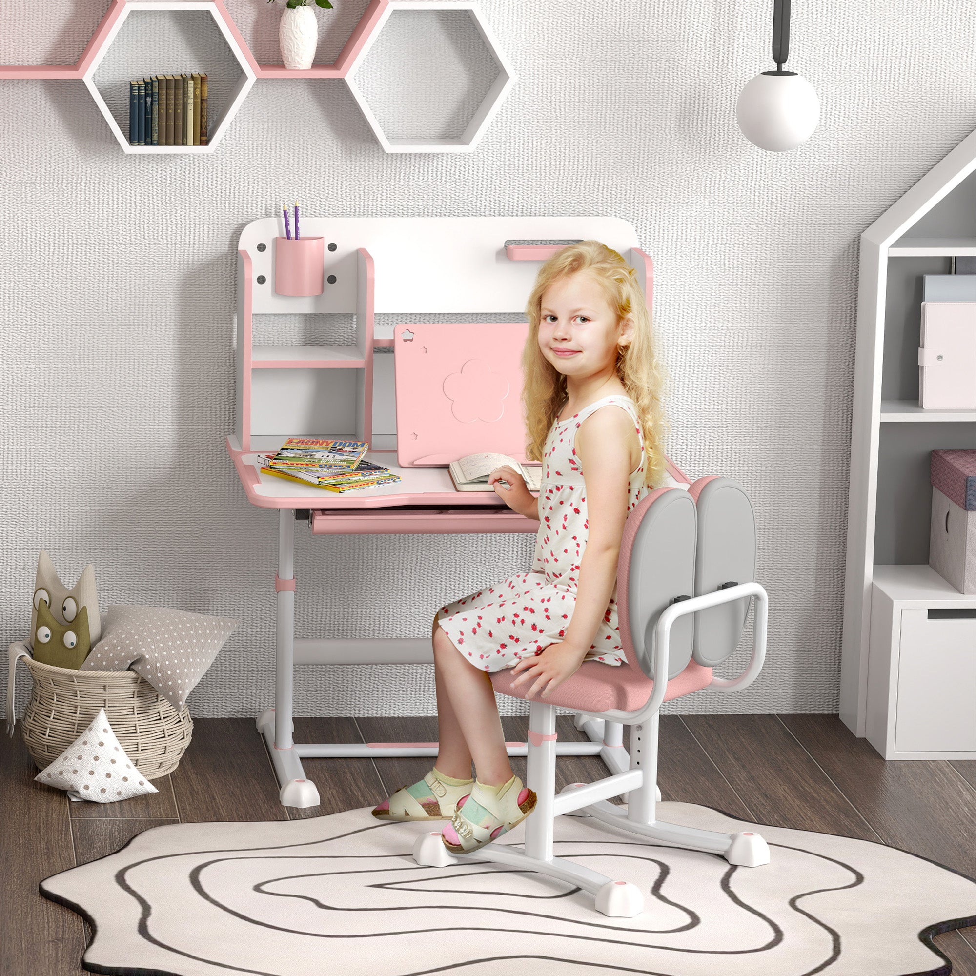 Adjustable Children's Desk and Chair Set for 3-12 Year Olds, School Desk with 45° Tilting Top, Drawer, Shelf, Pen Holder, and Bookstand, in Steel and MDF, Pink
