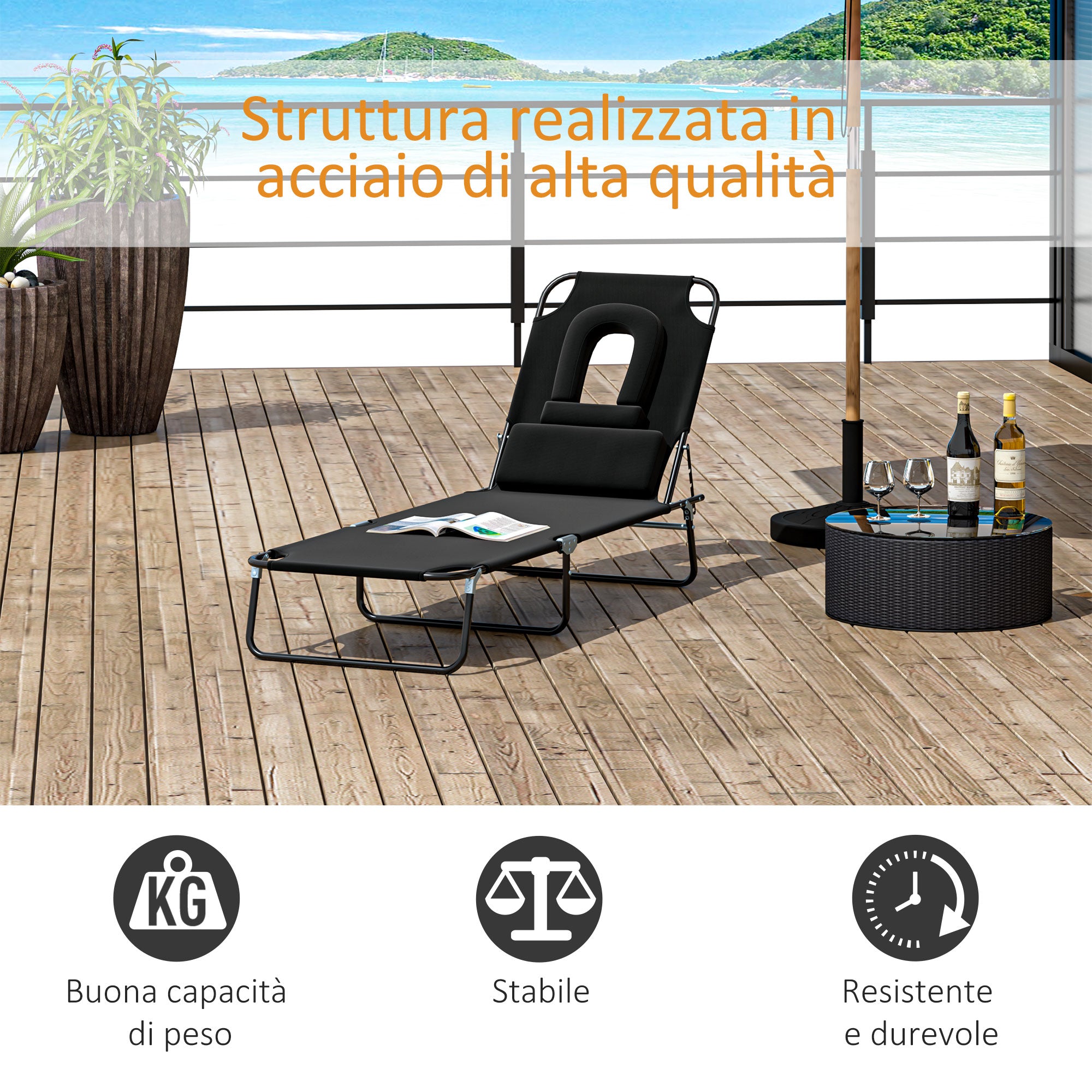 Folding Outdoor Sun Lounger with Face Hole and Cushions, Garden Sun Lounger, Beach & Camping, Black