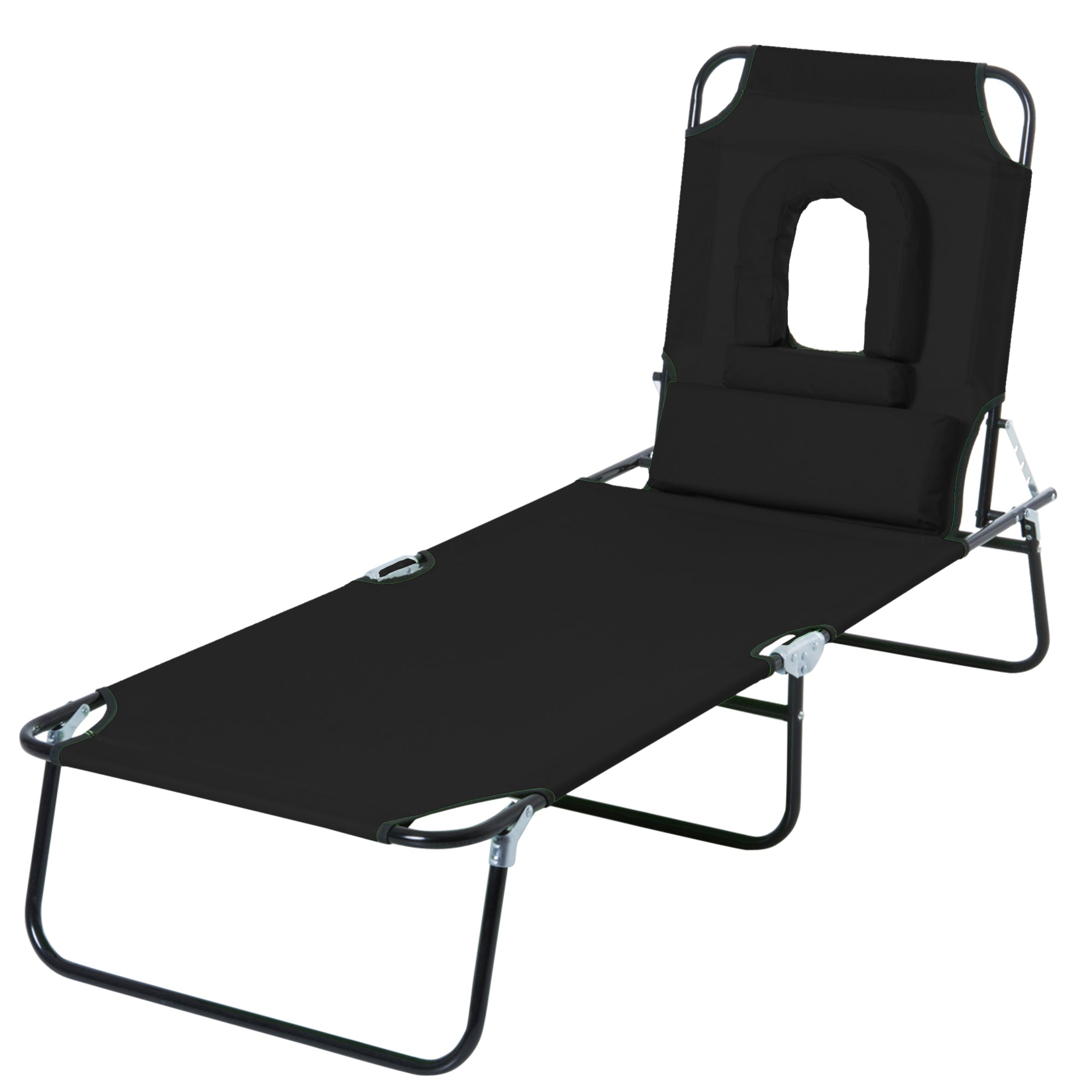 Folding Outdoor Sun Lounger with Face Hole and Cushions, Garden Sun Lounger, Beach & Camping, Black