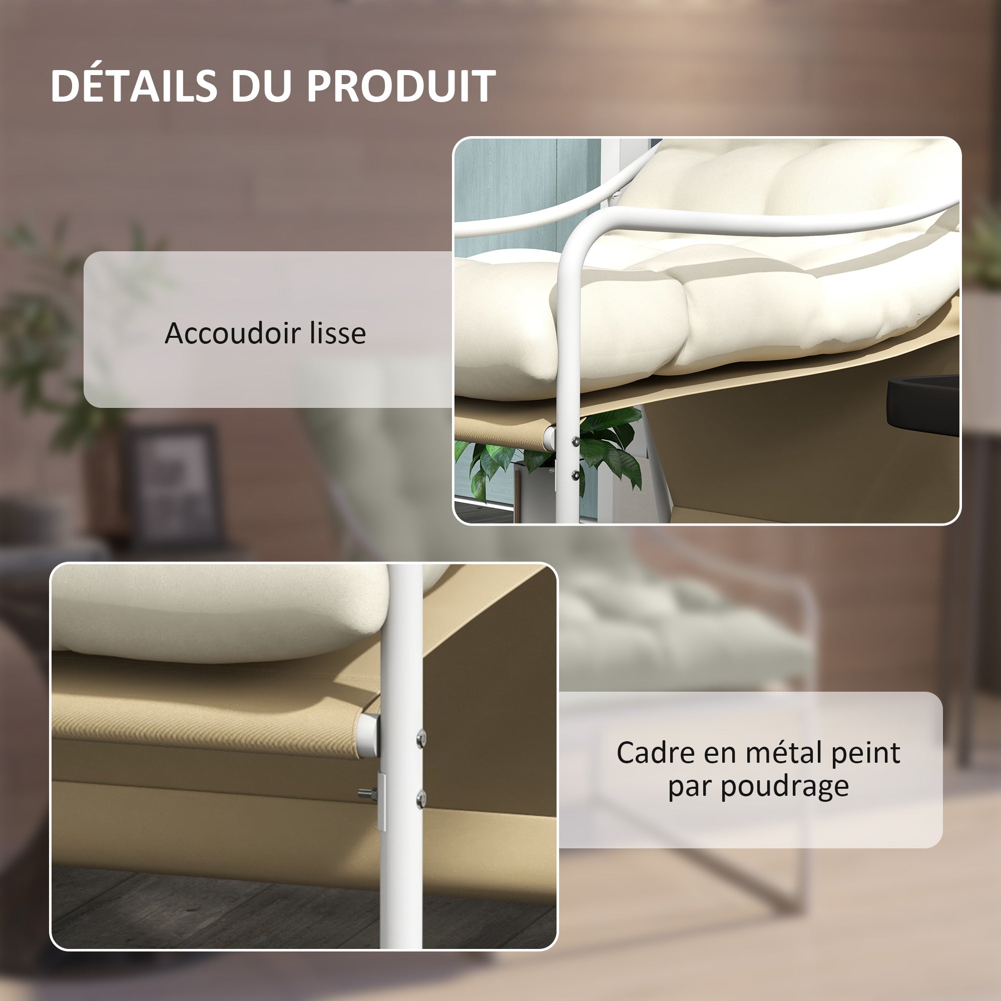 Garden Chair Outdoor Armchair with Cushion Steel Frame for Balcony, Terrace, Garden dim. 62W x 110D x 88H cm Beige