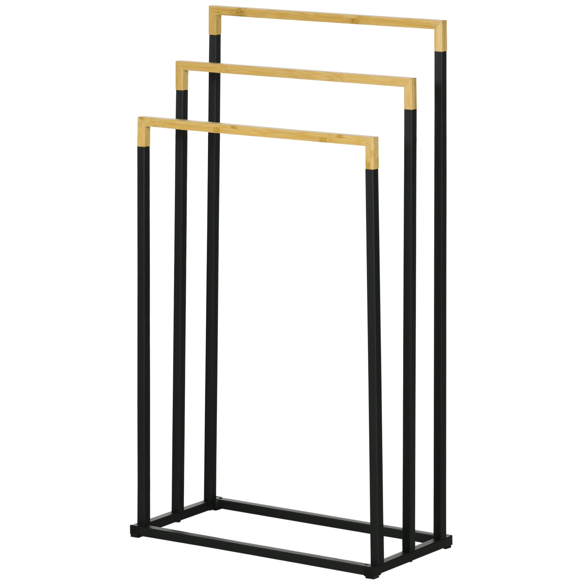 Freestanding Towel Holder, Towel Stand with 3 Towel Bars Bath Towel Rack for Bathroom Steel Bamboo Black