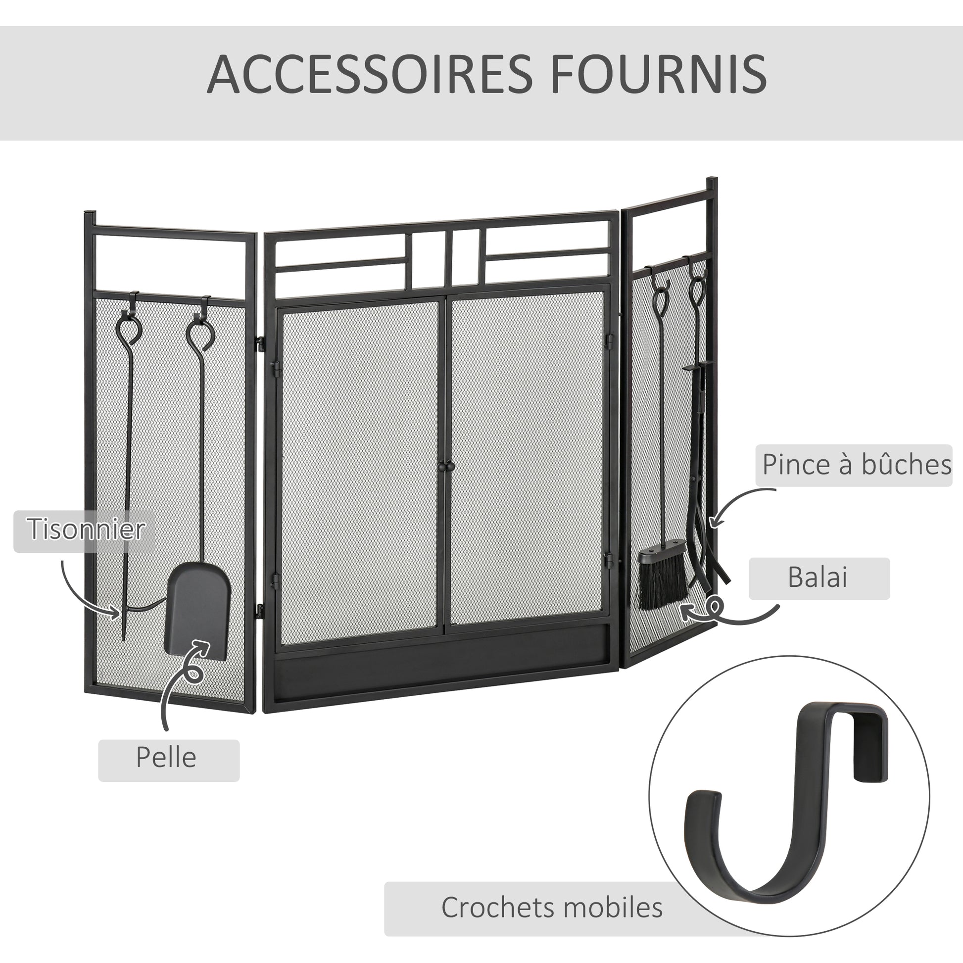 Large Fireplace Screen for Fireplace or Stove - Spark Guard 2 in 1 with Accessories - 3 Foldable Panels and Door - Black Steel Metal