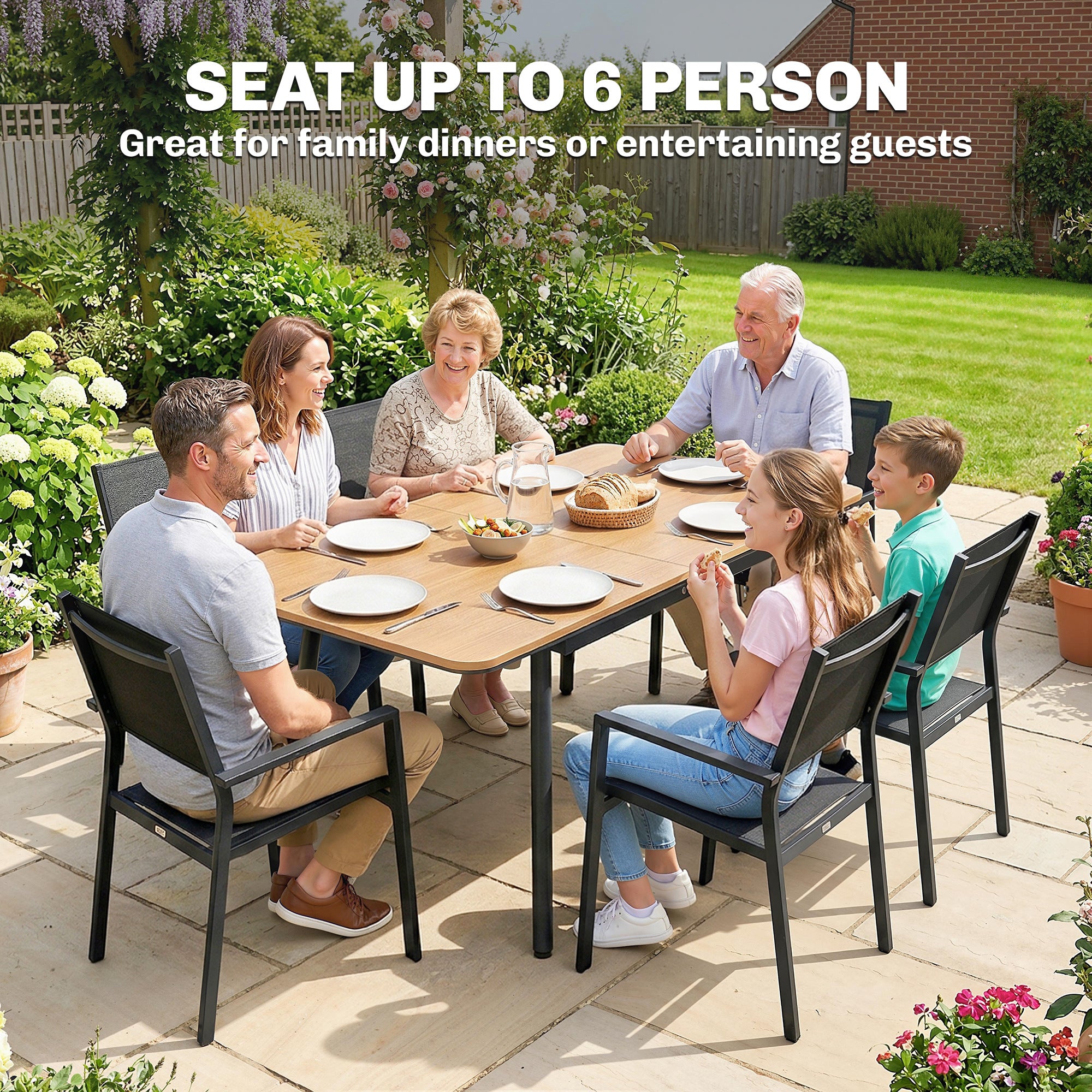 55.1 x 31.5 in Outdoor Dining Table for 6 – Weather-Resistant WPC Wood-Look Top, Rust-Resistant Metal Frame, Adjustable Feet, Rectangular Patio/Balcony Table (Teak)