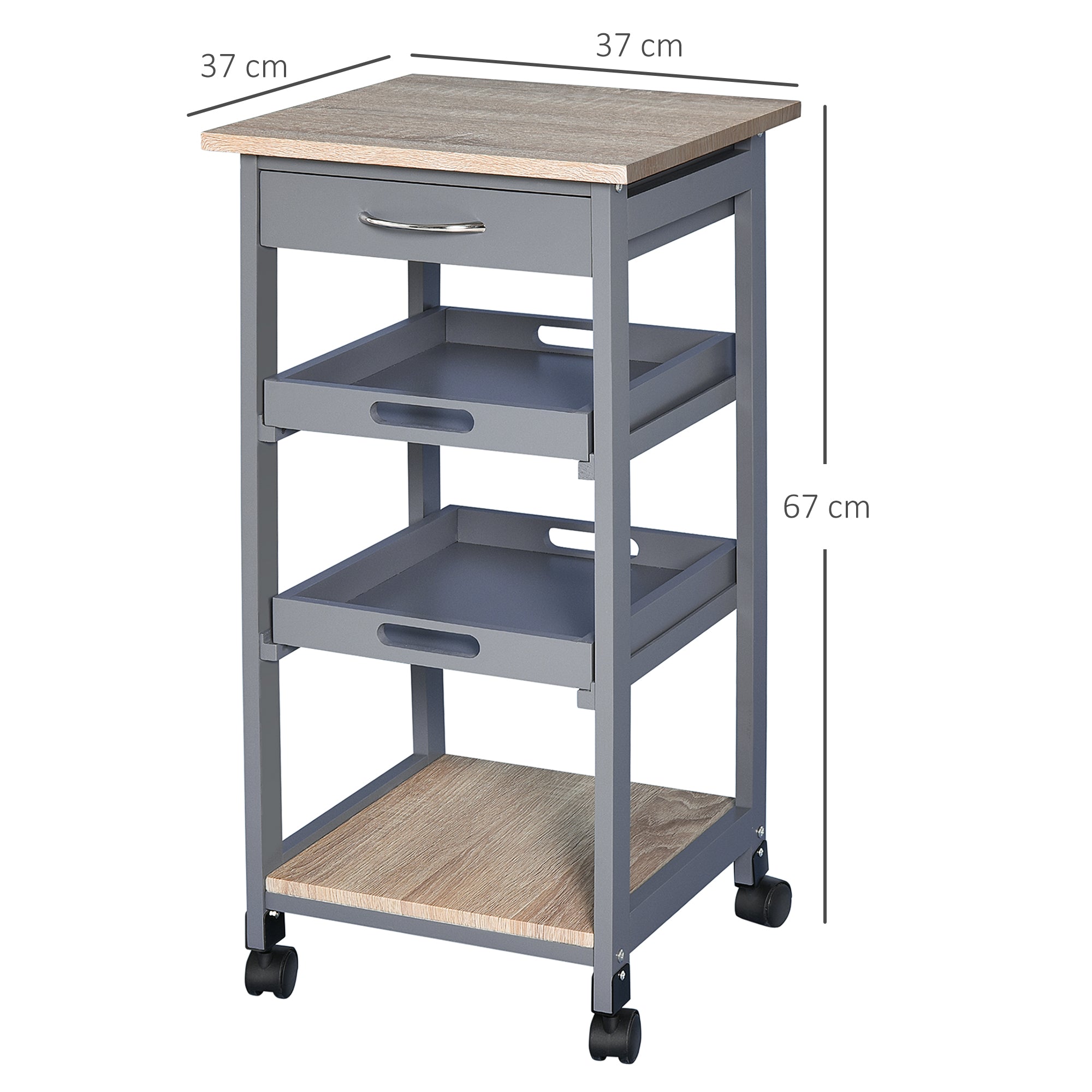 Kitchen Trolley Service Cart with Wheels 2 Removable Trays, Drawer, Shelf Light Oak Pine Wood Gray