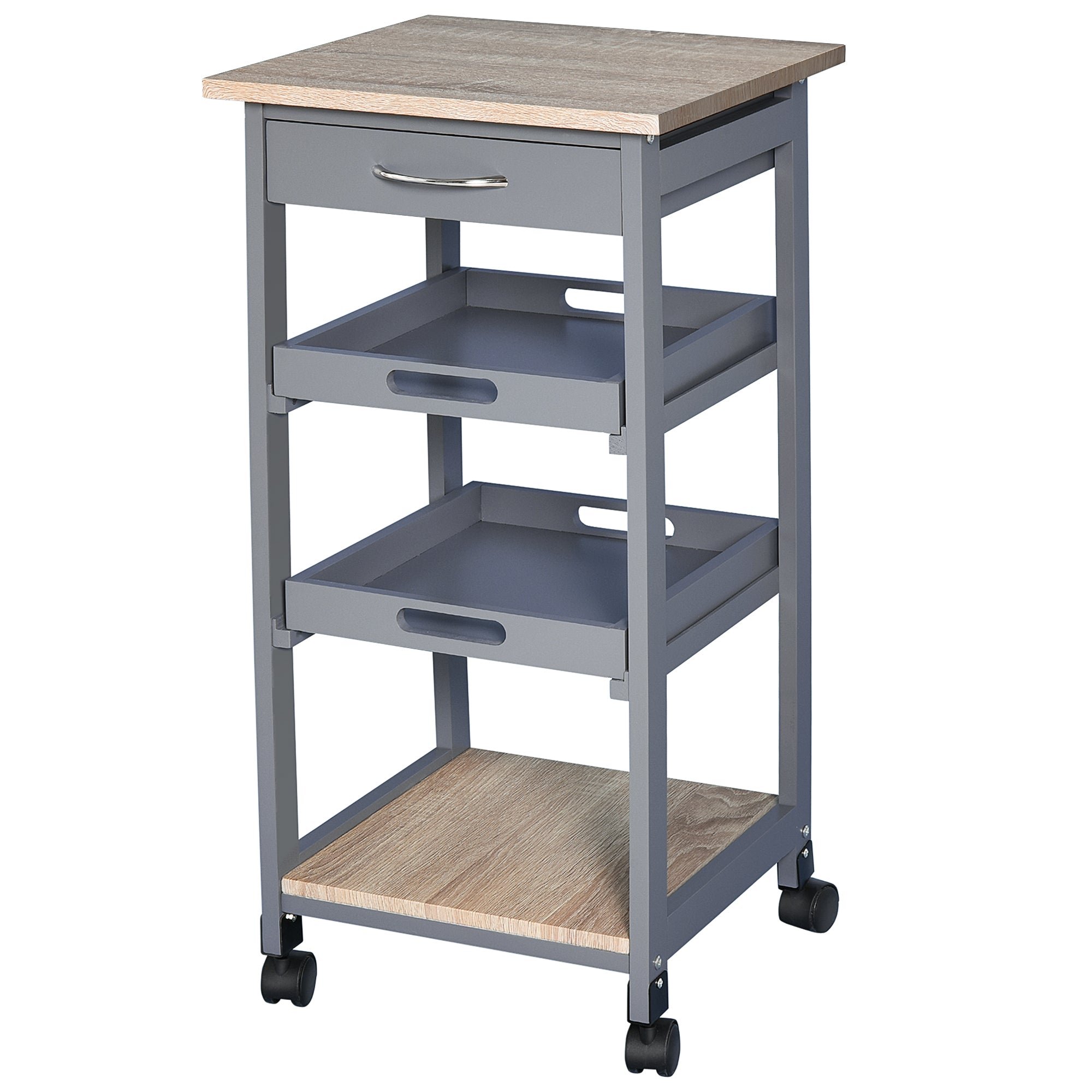 Kitchen Trolley Service Cart with Wheels 2 Removable Trays, Drawer, Shelf Light Oak Pine Wood Gray