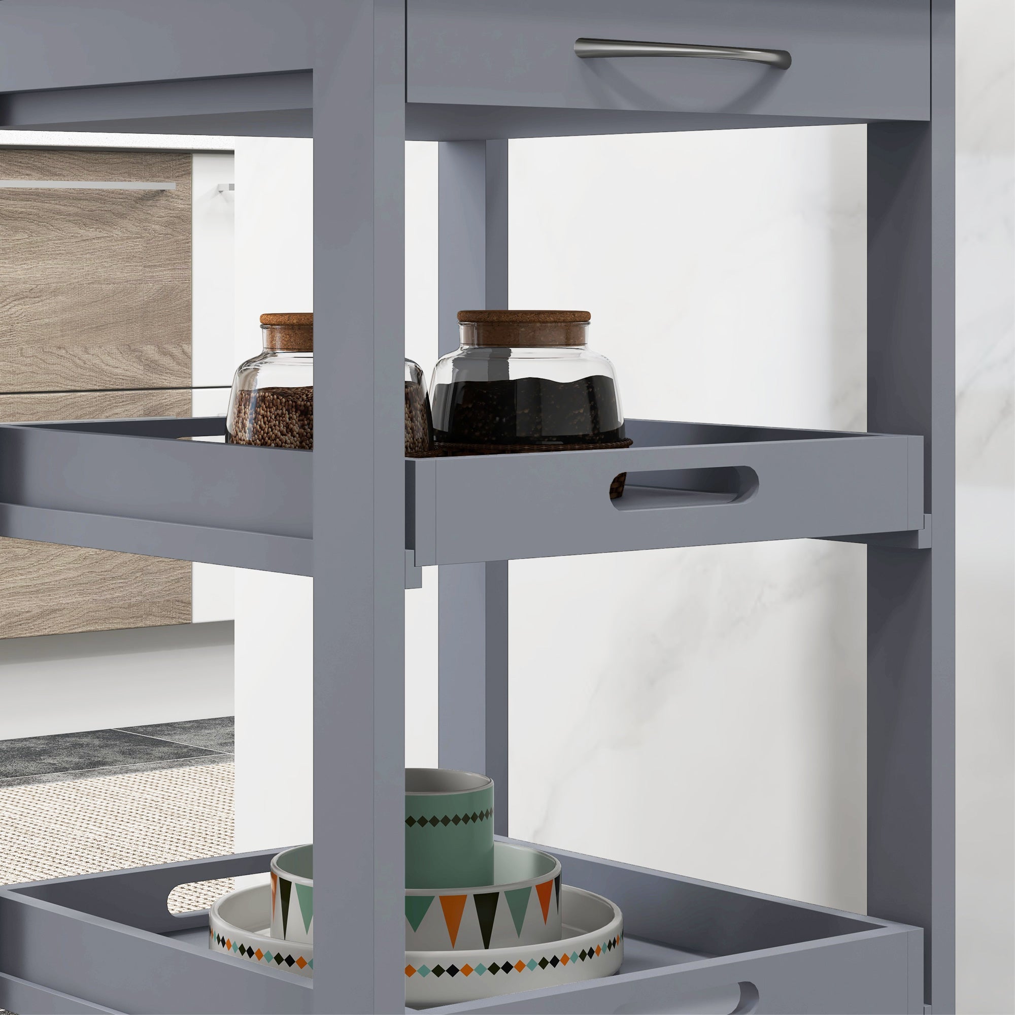 Kitchen Trolley Service Cart with Wheels 2 Removable Trays, Drawer, Shelf Light Oak Pine Wood Gray