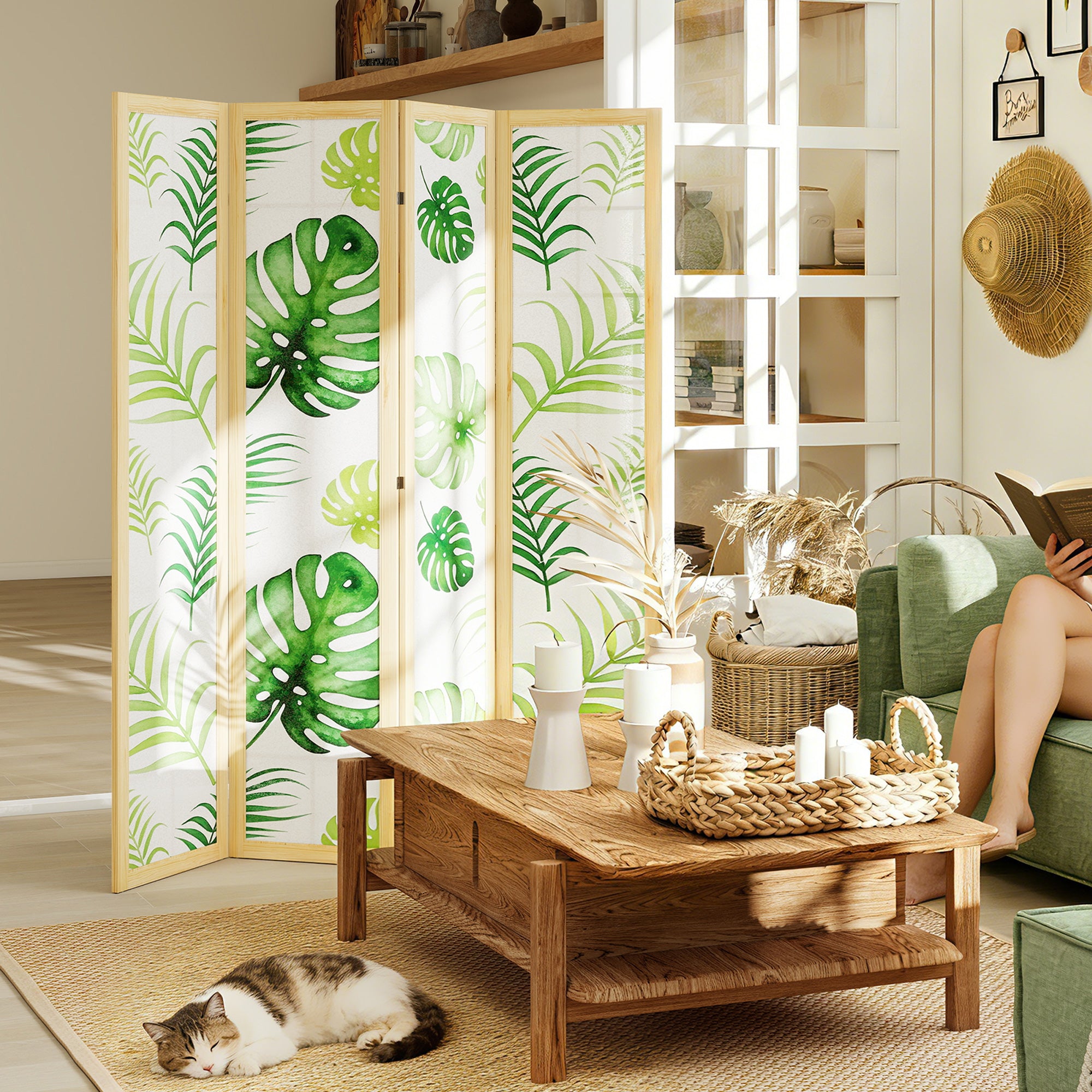 4-Panel Folding Room Divider, 63 x 67 in — Pine Frame Privacy Screen with Palm Leaf Print, Free-Standing Partition (Natural Wood & Green)