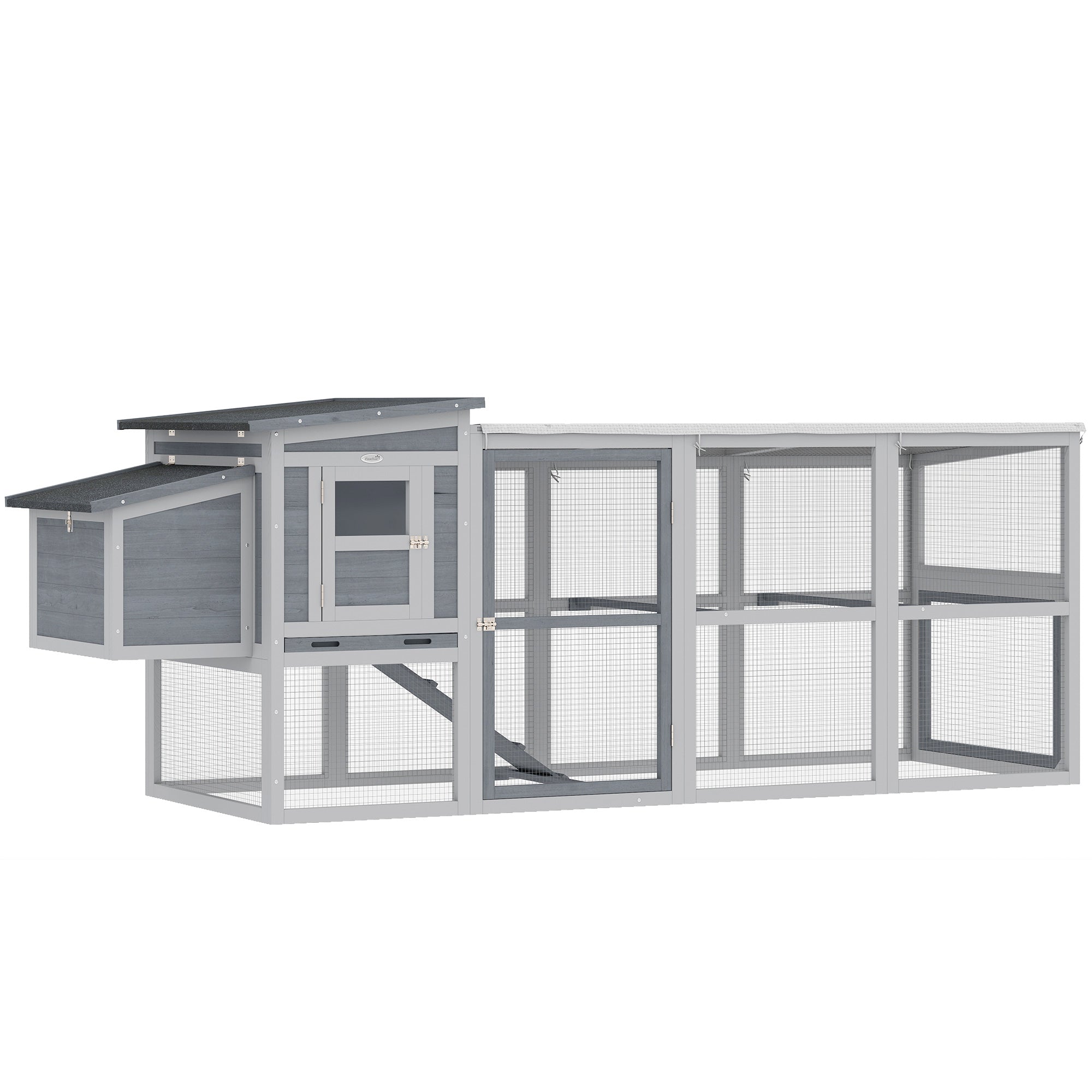 Wooden Chicken Coop with Run for 3–4 Hens, 104 x 32 x 35 in (264 x 82 x 89 cm) — Asphalt Roof, Oxford Cover, Nest Box, Perches, Pull-Out Tray — Gray