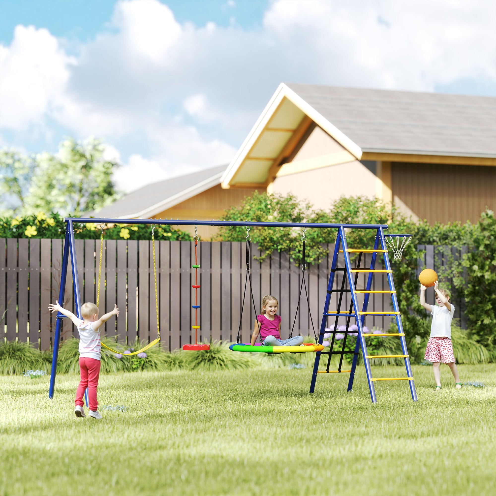 Children's Swing Set 6 in 1 Swing Frame made of Steel with Belt Swing, Nest Swing, Disc Swing, Climbing Net, Climbing Ladder, and Basketball Hoop for Children 3-8 Years