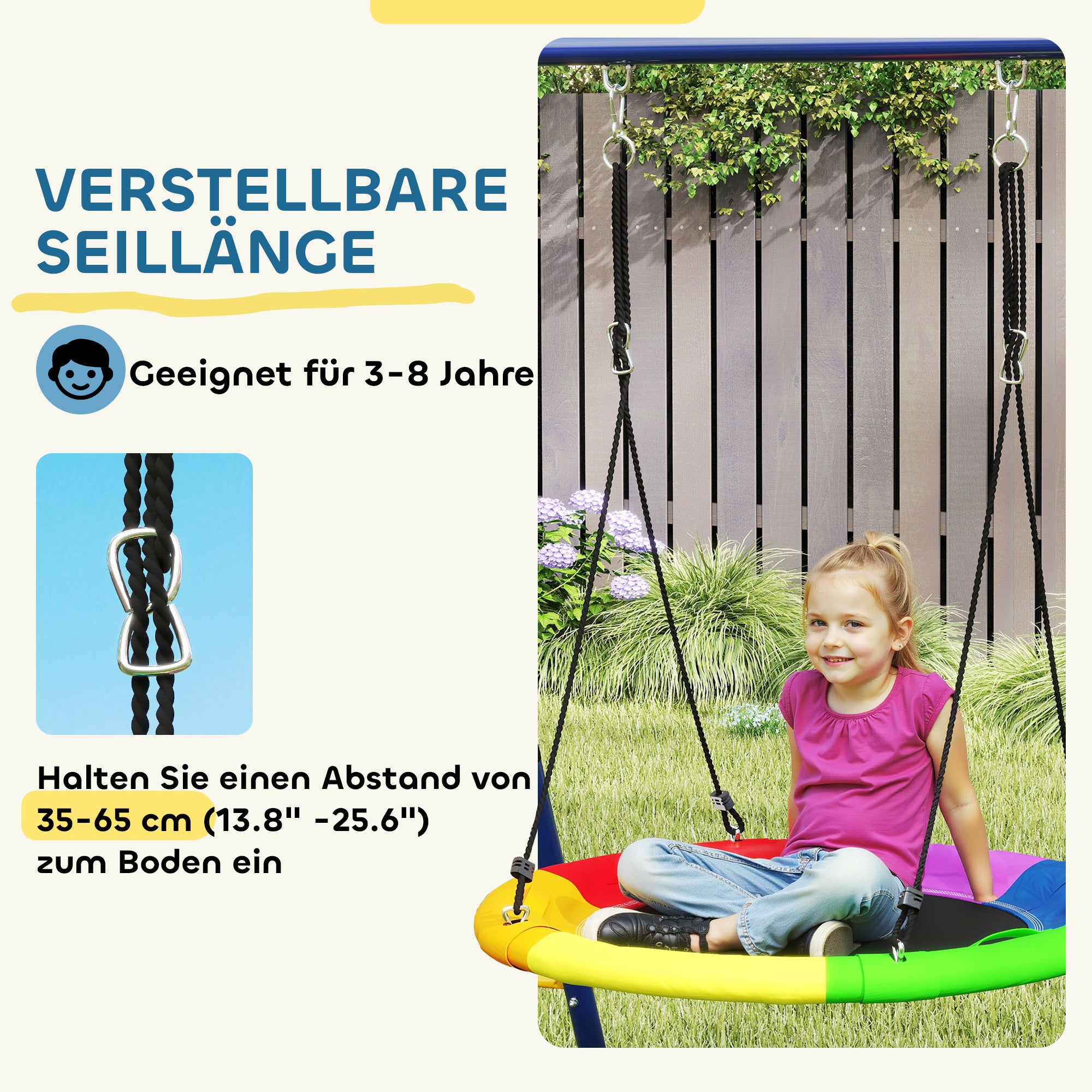 Children's Swing Set 6 in 1 Swing Frame made of Steel with Belt Swing, Nest Swing, Disc Swing, Climbing Net, Climbing Ladder, and Basketball Hoop for Children 3-8 Years