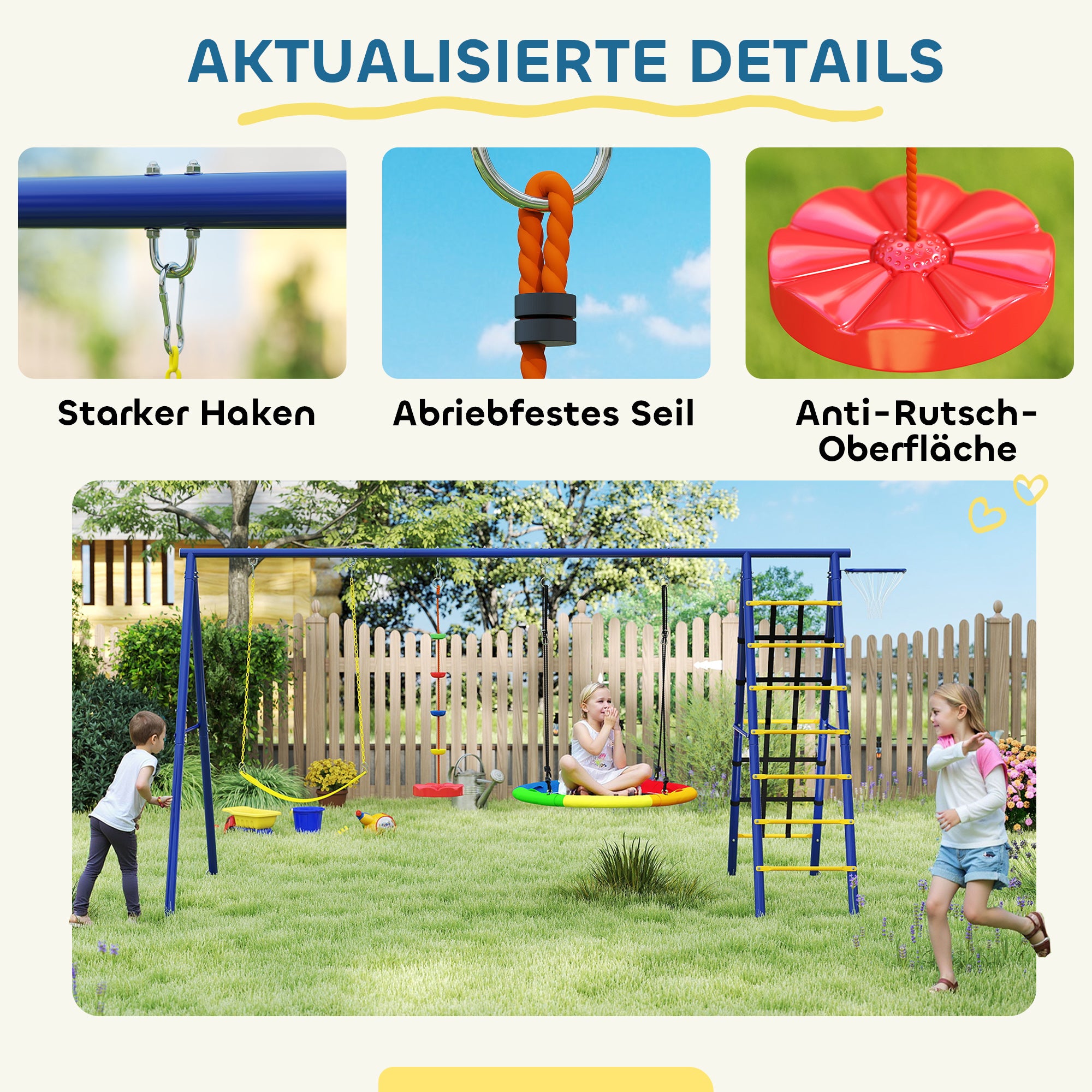 Children's Swing Set 6 in 1 Swing Frame made of Steel with Belt Swing, Nest Swing, Disc Swing, Climbing Net, Climbing Ladder, and Basketball Hoop for Children 3-8 Years