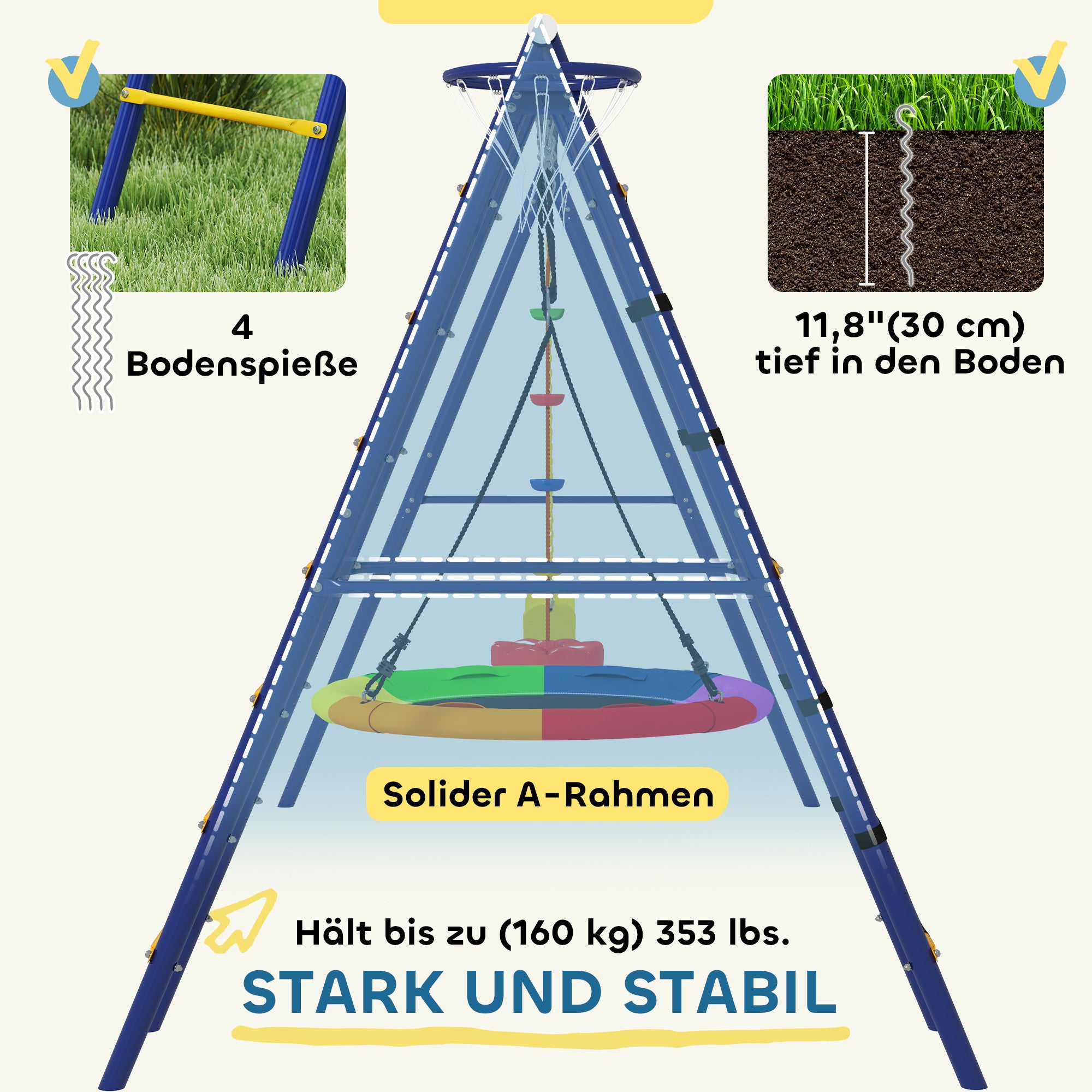 Children's Swing Set 6 in 1 Swing Frame made of Steel with Belt Swing, Nest Swing, Disc Swing, Climbing Net, Climbing Ladder, and Basketball Hoop for Children 3-8 Years