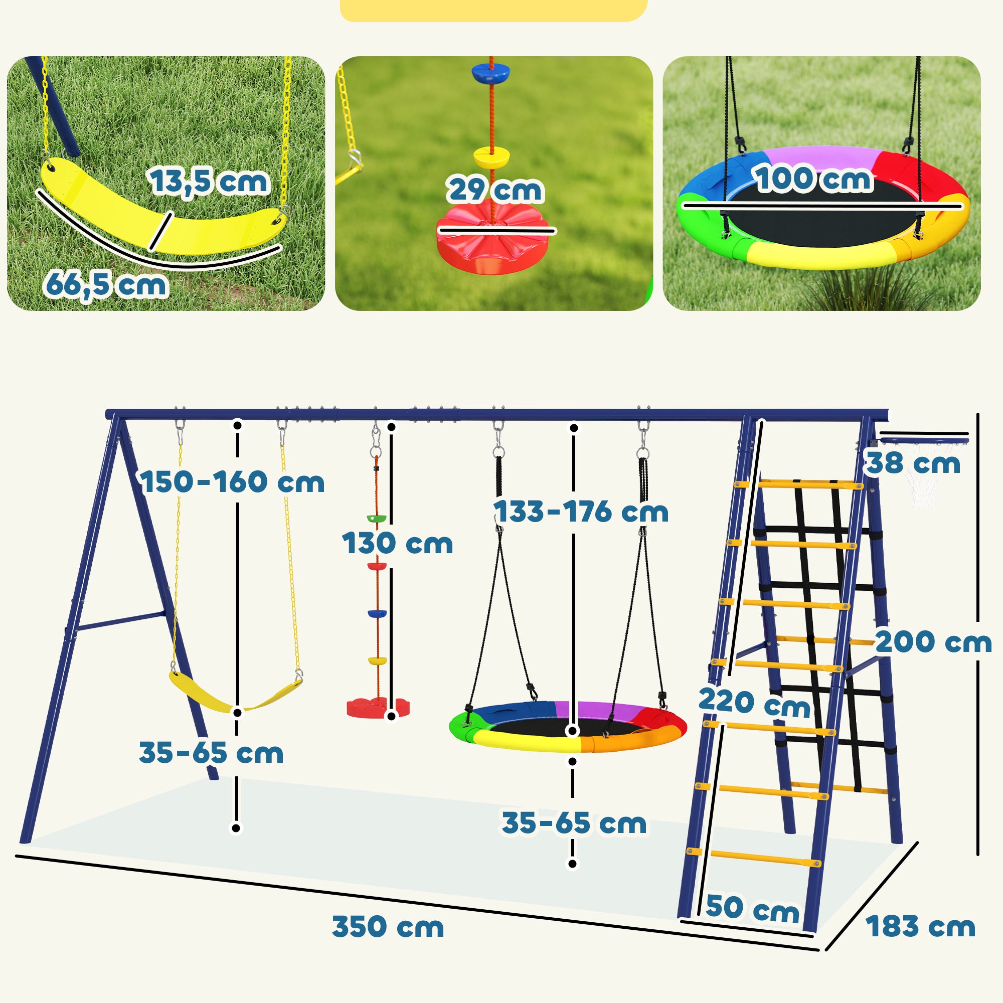 Children's Swing Set 6 in 1 Swing Frame made of Steel with Belt Swing, Nest Swing, Disc Swing, Climbing Net, Climbing Ladder, and Basketball Hoop for Children 3-8 Years