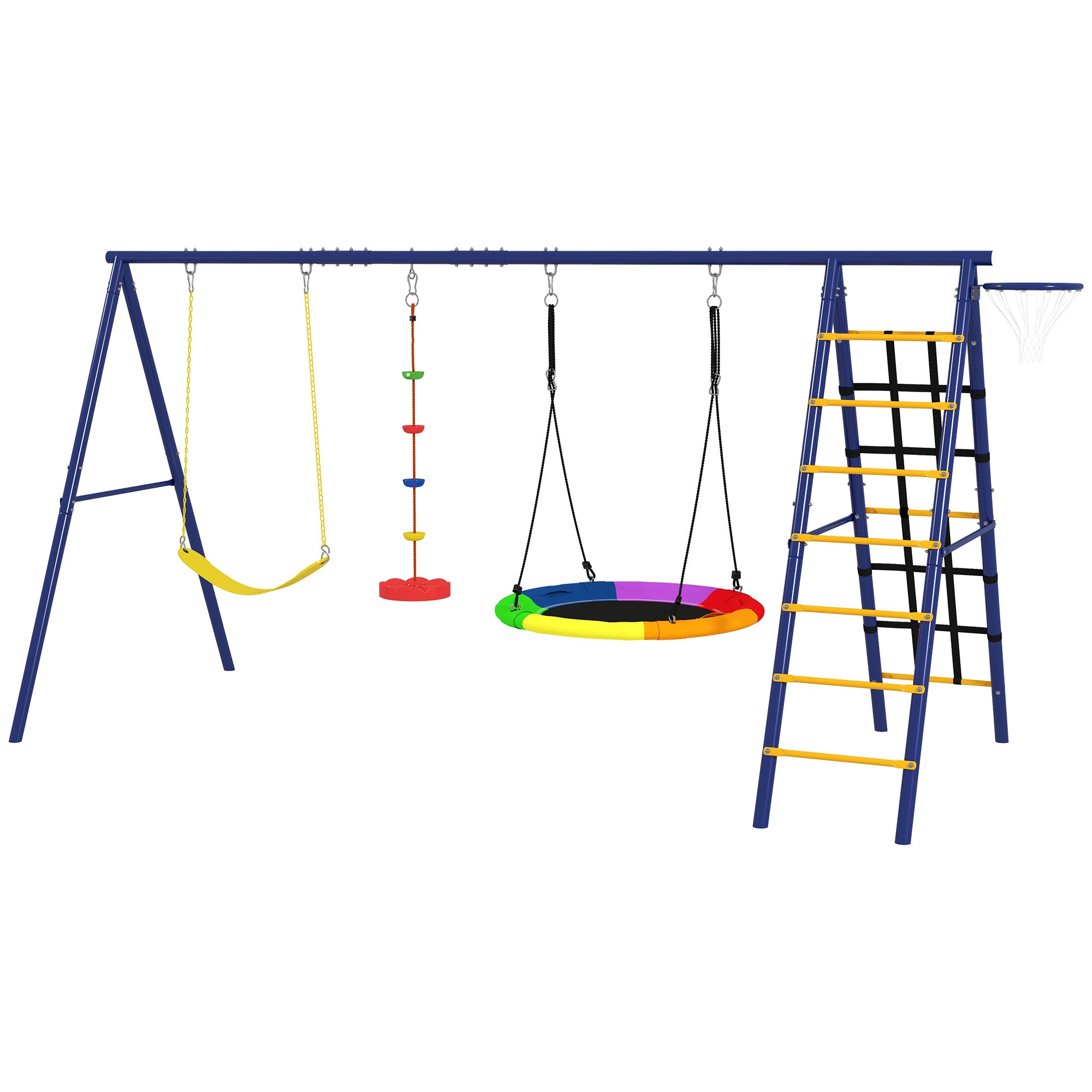 Children's Swing Set 6 in 1 Swing Frame made of Steel with Belt Swing, Nest Swing, Disc Swing, Climbing Net, Climbing Ladder, and Basketball Hoop for Children 3-8 Years