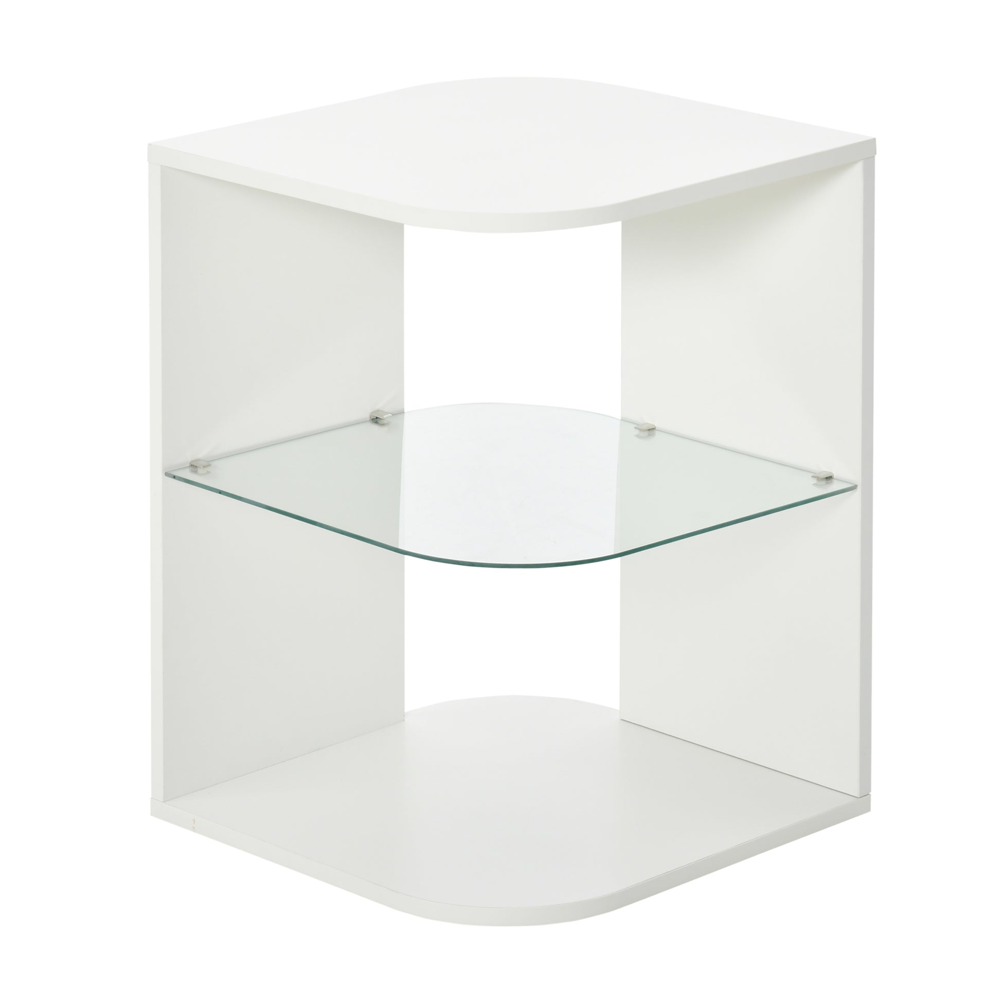 Modern Living Room Side Table Bedside Table with 3 Shelves Glass Top Coffee Table for Living Room Bedroom 40x40x56 cm White