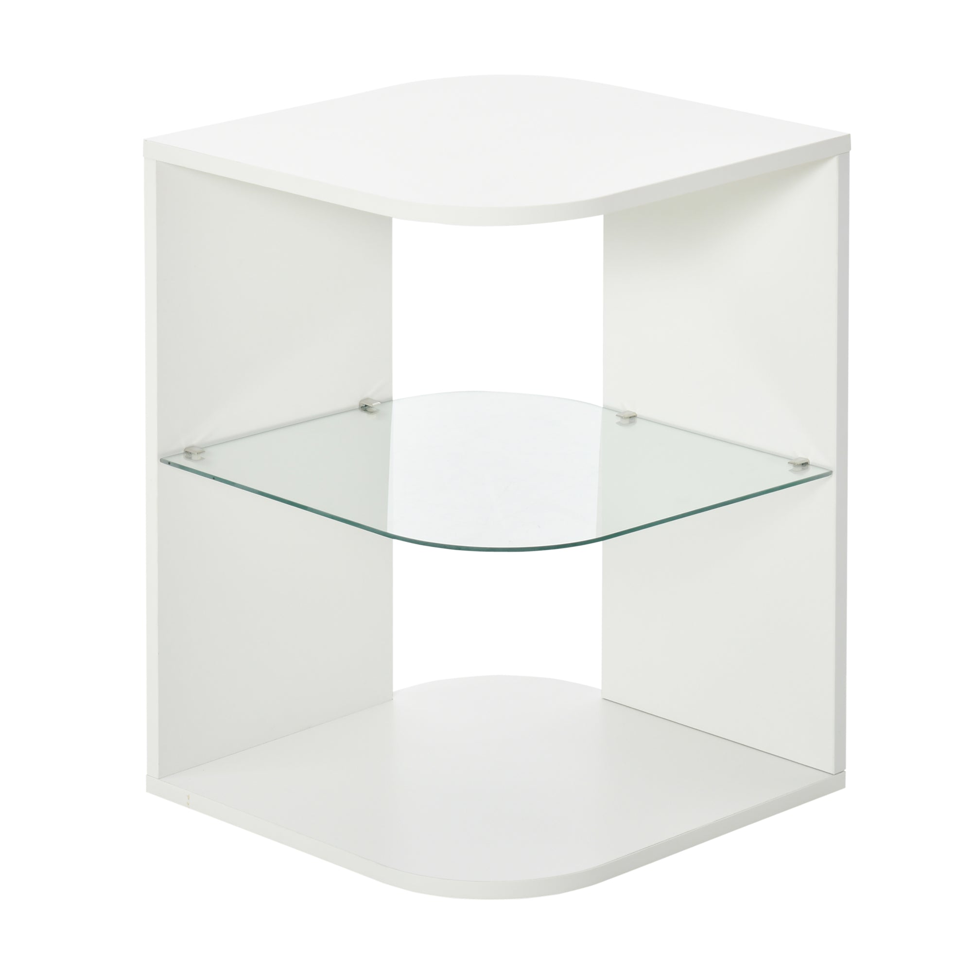 Modern Living Room Side Table Bedside Table with 3 Shelves Glass Top Coffee Table for Living Room Bedroom 40x40x56 cm White