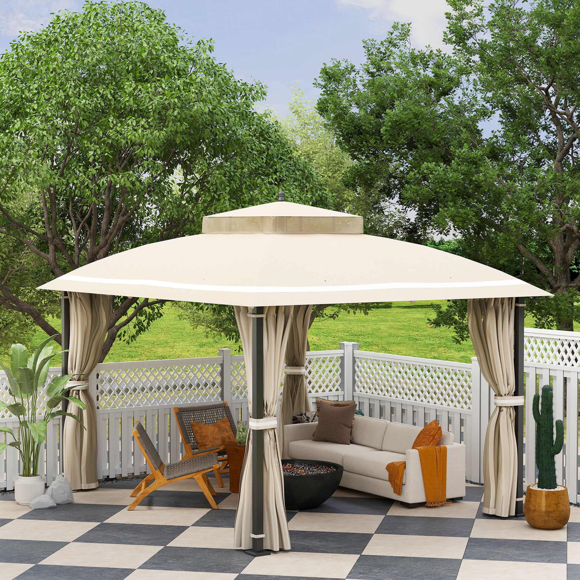 Garden Gazebo 3.7x3 m Pergola Gazebo with Double Ventilated Roof Side Walls Mosquito Nets Water Resistant Anti-UV Canopy for Outdoor Terrace Patio Beige