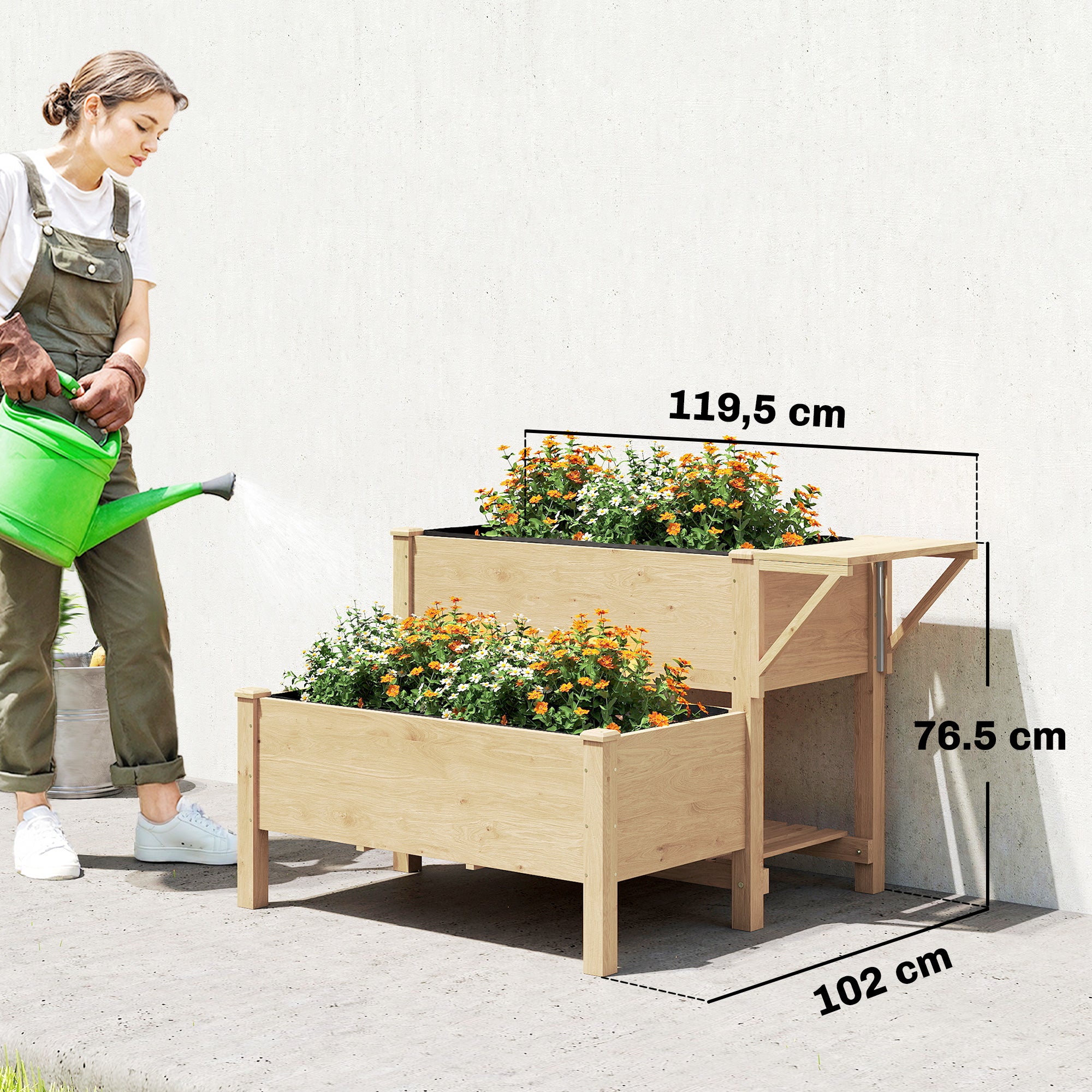2-Tier Elevated Planter with Fabric Liner, Drainage Holes & Side Shelf, Pine Raised Garden Bed for Garden & Balcony — 119.5 x 102 x 76.5 cm (47.0 x 40.2 x 30.1 in) — Light Brown