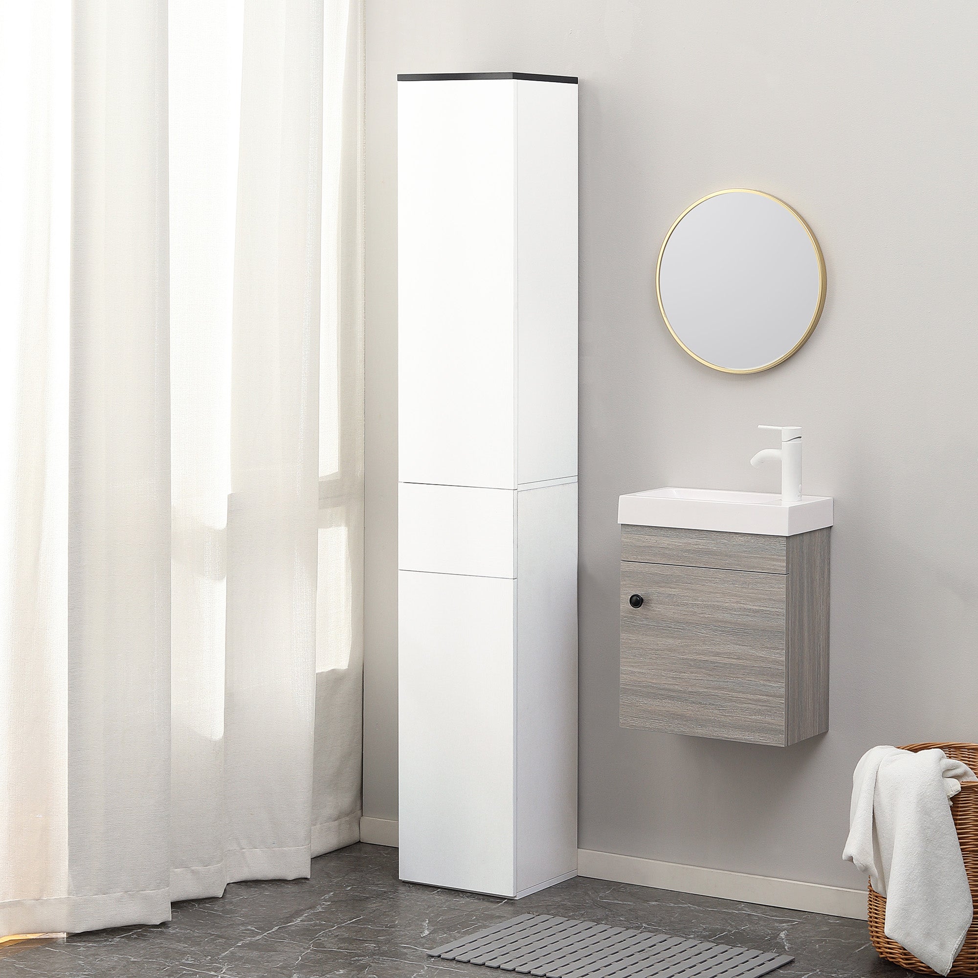 Bathroom Column with 2 Cabinets and Drawer, Tall Bathroom Cabinet, Space-Saving Bathroom Cabinet with 2 Doors, Adjustable Shelves in Wood, 30x28x180 cm, White