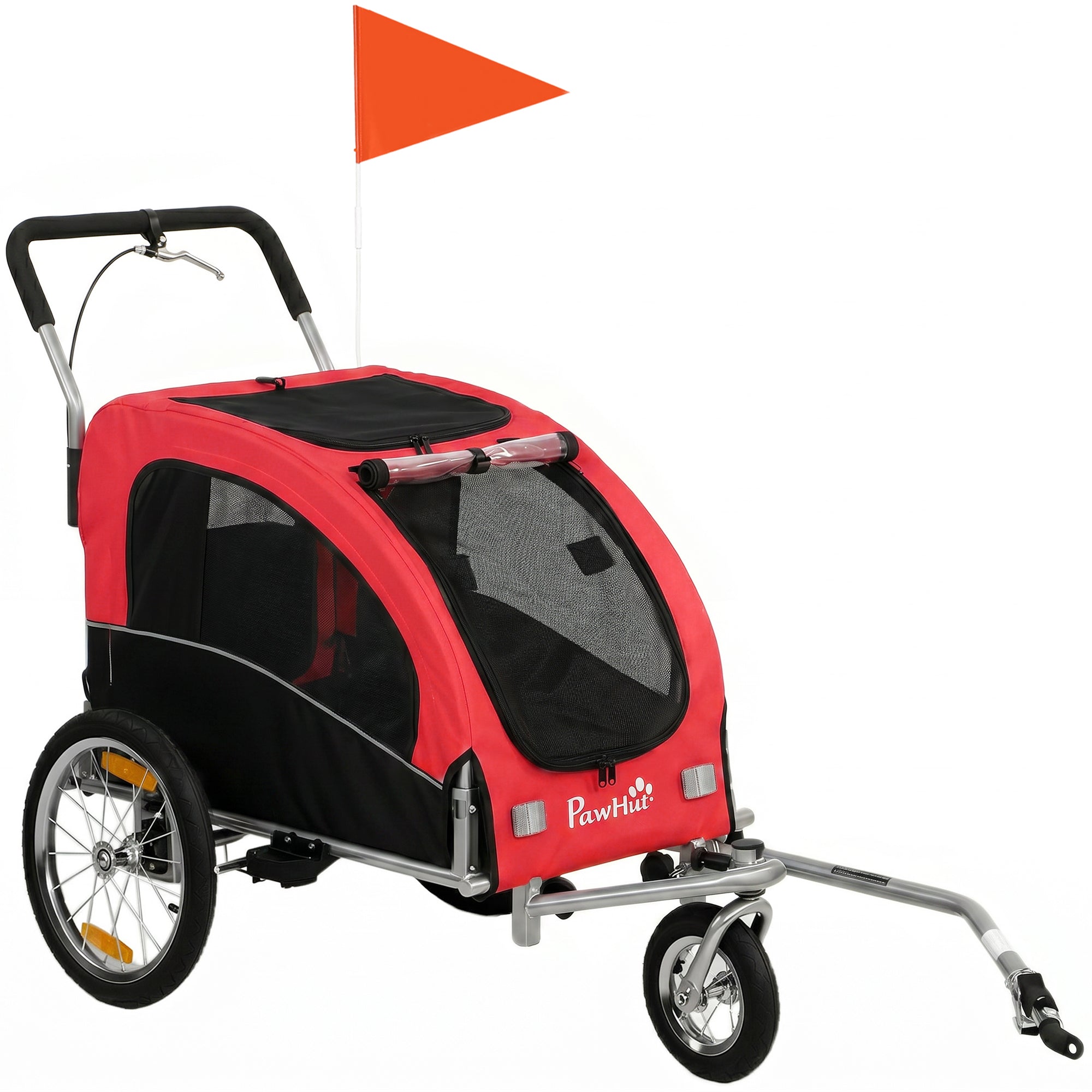2-in-1 Dog Bike Trailer & Stroller for Medium Dogs with Suspension, Quick-Release Wheels, Reflectors, Large Mesh Windows, Hand Brake, Safety Flag — Red