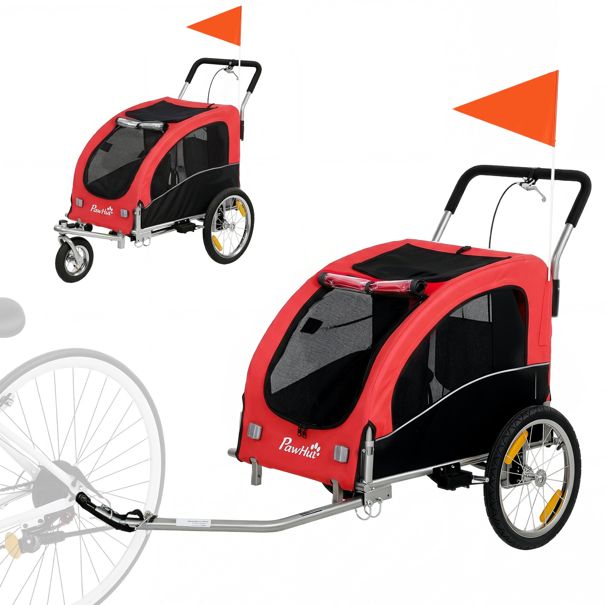 2-in-1 Dog Bike Trailer & Stroller for Medium Dogs with Suspension, Quick-Release Wheels, Reflectors, Large Mesh Windows, Hand Brake, Safety Flag — Red