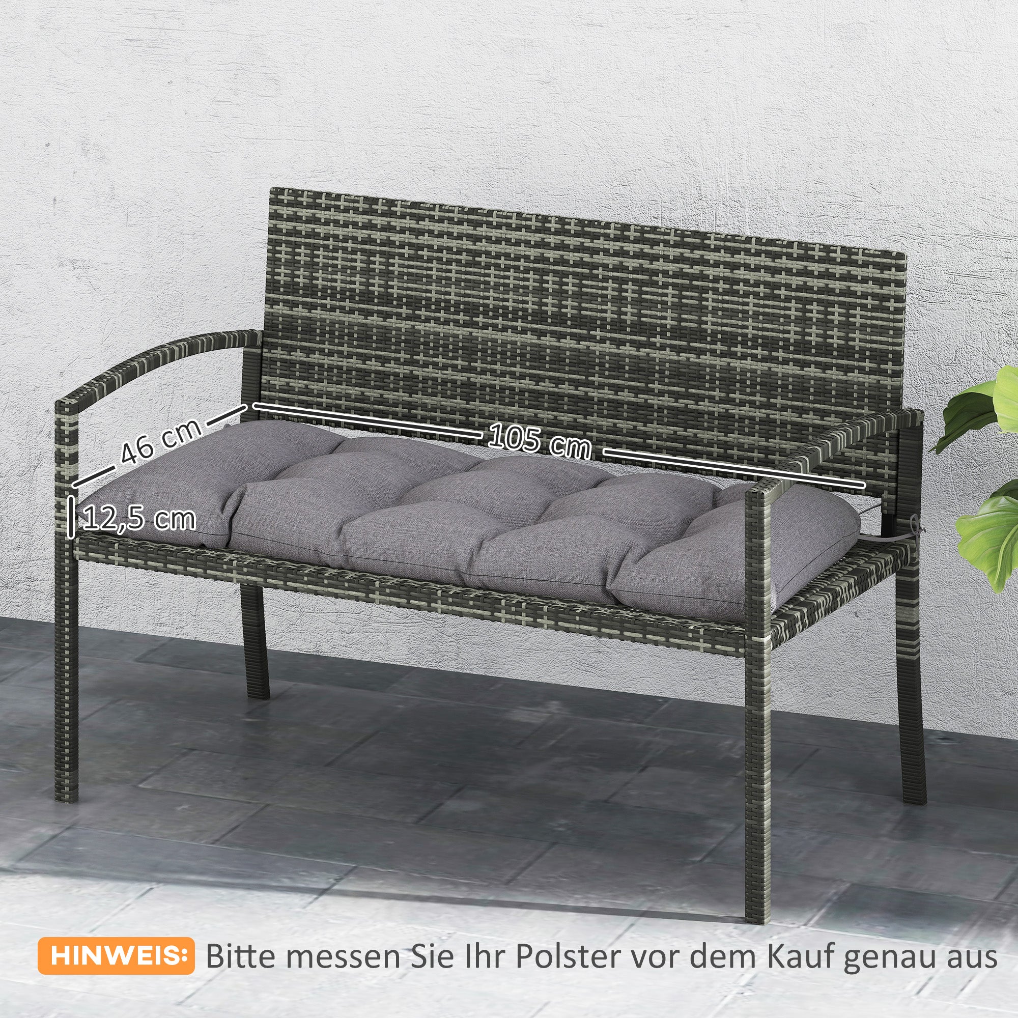 Bench Cushion 105 x 46 x 12.5 cm Seat Cushion with Straps, Outdoor Chair Cushion, Water-Resistant Seat Cushion UPF50+, Seat Pad, Seat Pillow, Bench Pad for Garden Furniture, Bench, Gray