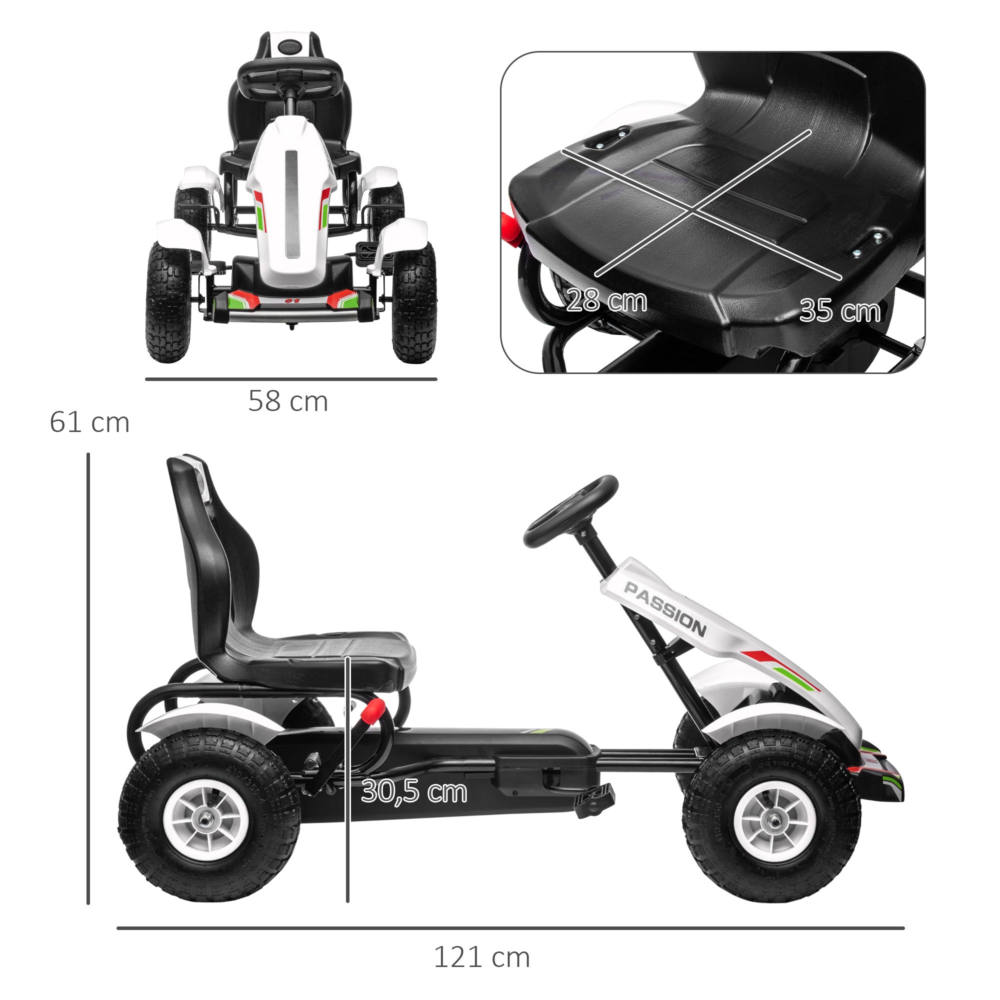 Pedal Go-Kart for Kids 5+ Years Old Children's Pedal Car with Adjustable Seat Rubber Tires Hand Brake for Boys and Girls Load 50 kg 121x58x61 cm White