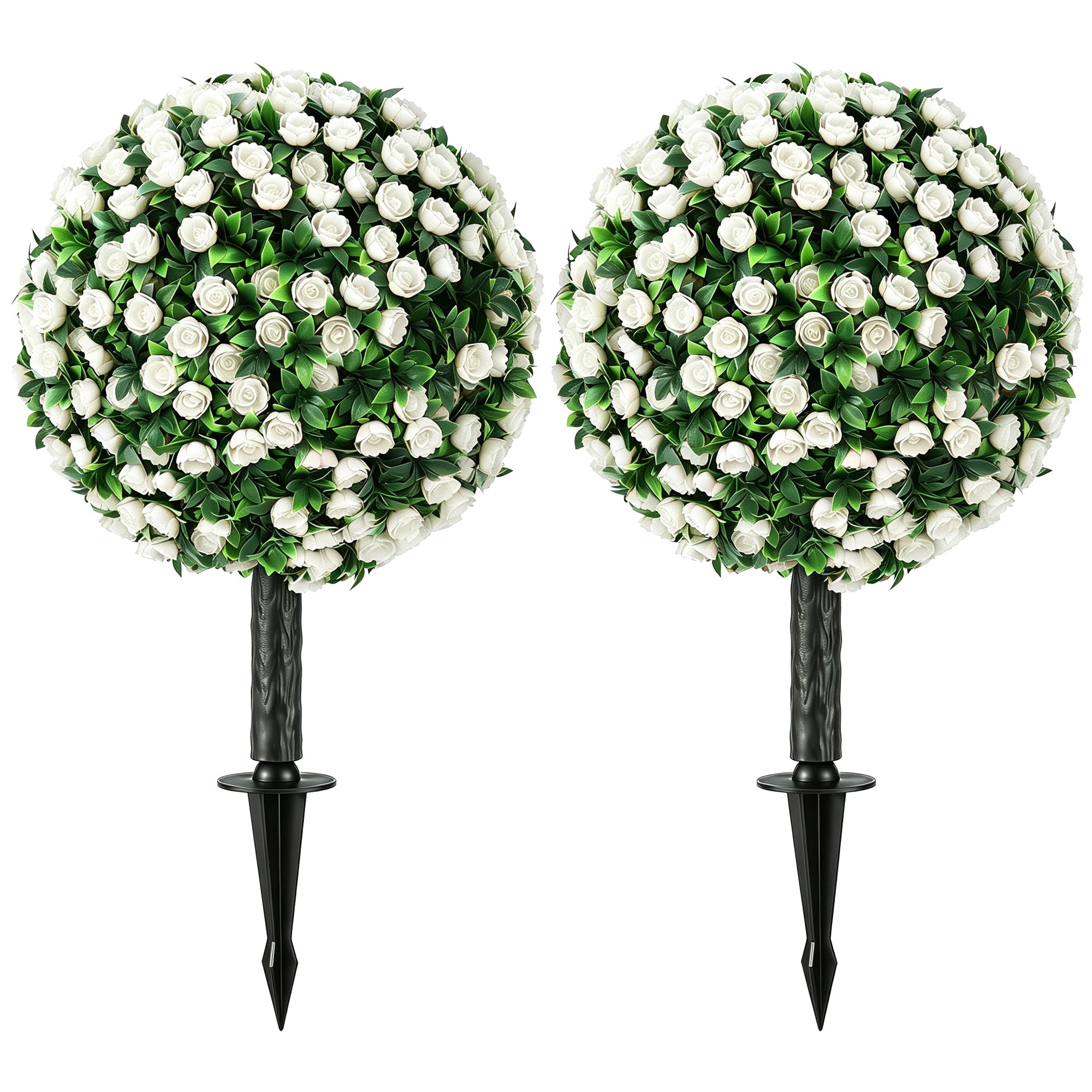 Artificial Rose Topiary Balls 2-Pack, 55 cm (21.7 in) UV-Resistant Artificial Plants with 306 White Roses and Ground Spike for Living Room, Bedroom, Office, Garden