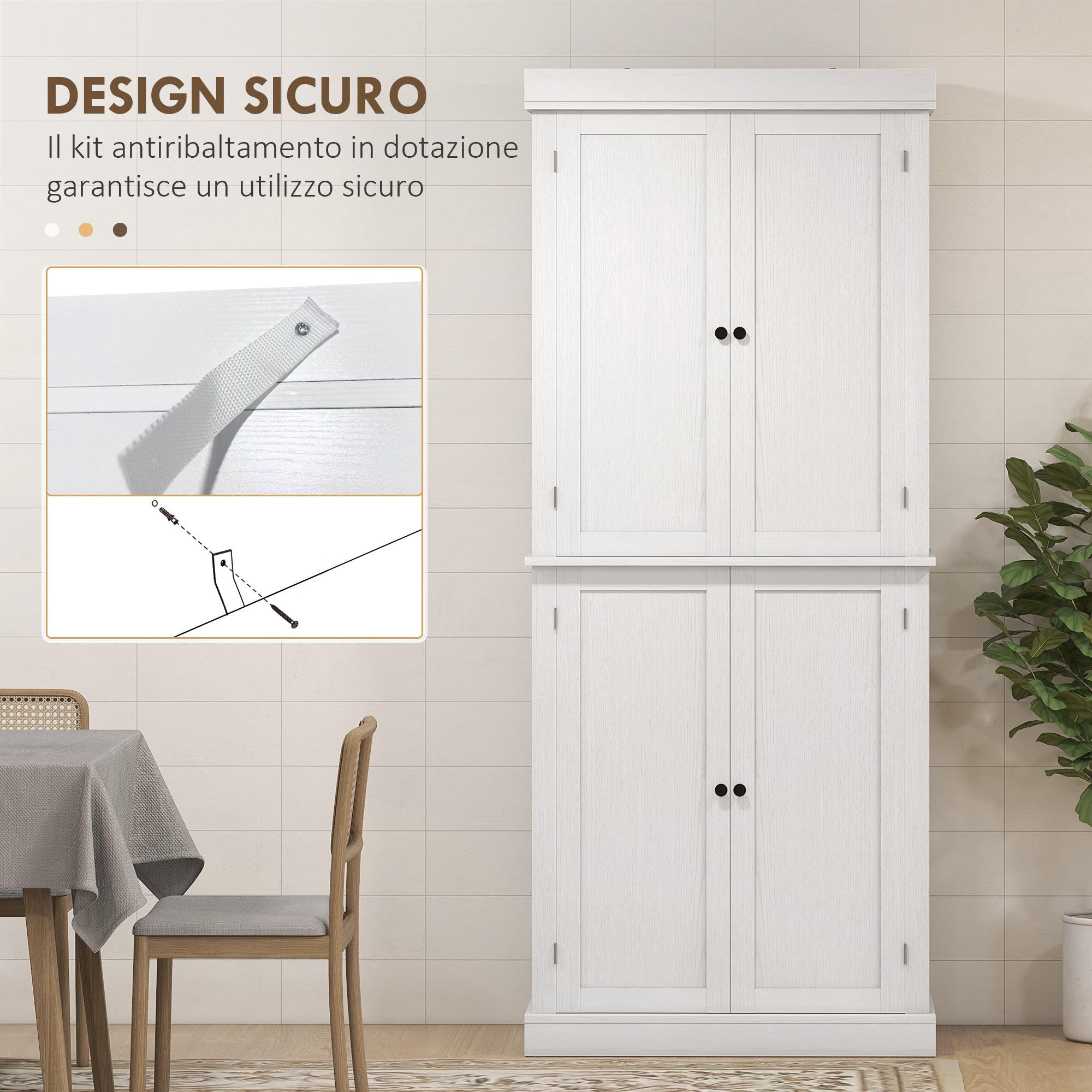 Tall Kitchen Cabinet with 6 Shelves and 2 Doors, Pantry Cabinet with Adjustable Shelves in Wood, 76x40.5x184 cm, White