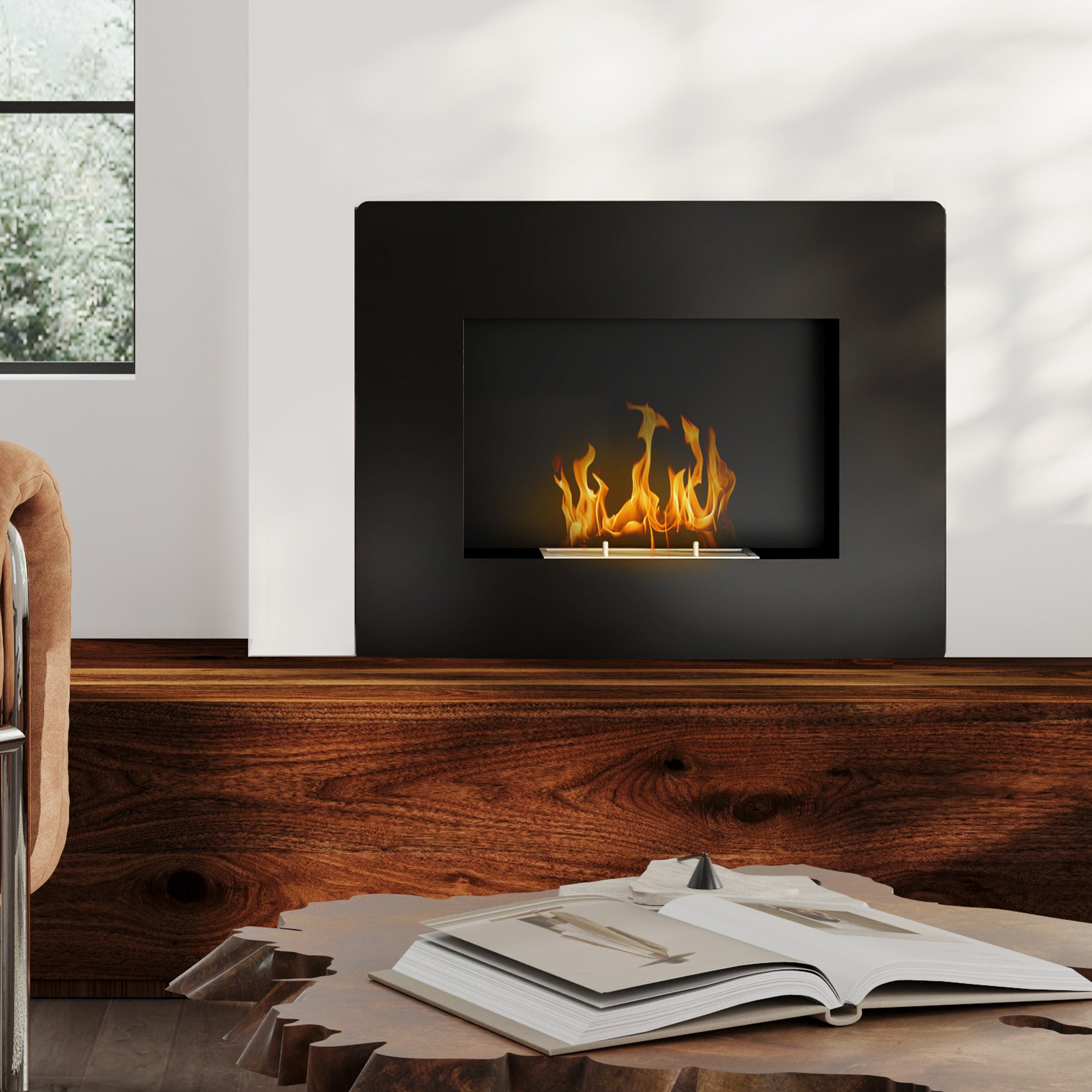 Wall-Mounted Bioethanol Fireplace Curved Bioethanol Stove with 0.9L Stainless Steel Flame Extinguisher Combustion Time 3.3H for Indoors 15-20 m² 66x16x52 cm Black
