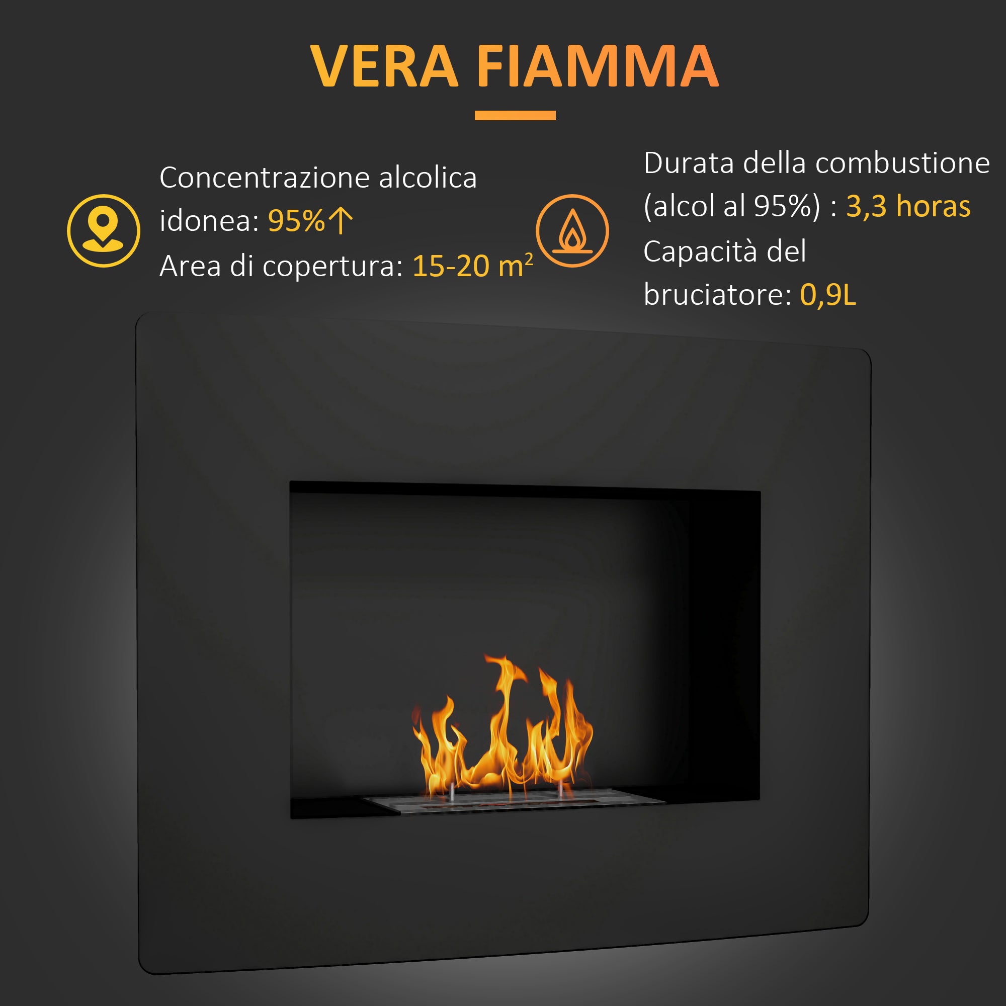 Wall-Mounted Bioethanol Fireplace Curved Bioethanol Stove with 0.9L Stainless Steel Flame Extinguisher Combustion Time 3.3H for Indoors 15-20 m² 66x16x52 cm Black