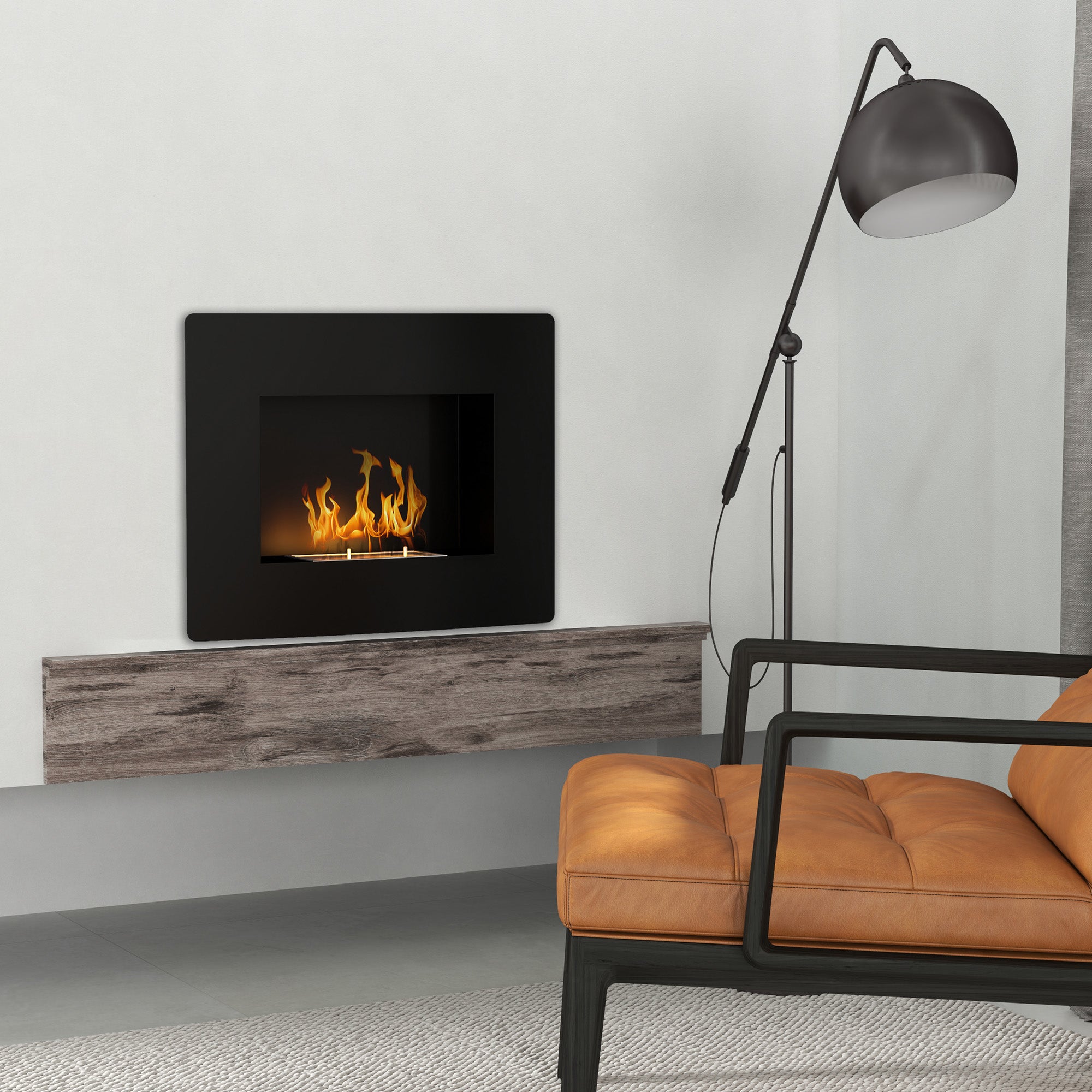 Wall-Mounted Bioethanol Fireplace Curved Bioethanol Stove with 0.9L Stainless Steel Flame Extinguisher Combustion Time 3.3H for Indoors 15-20 m² 66x16x52 cm Black