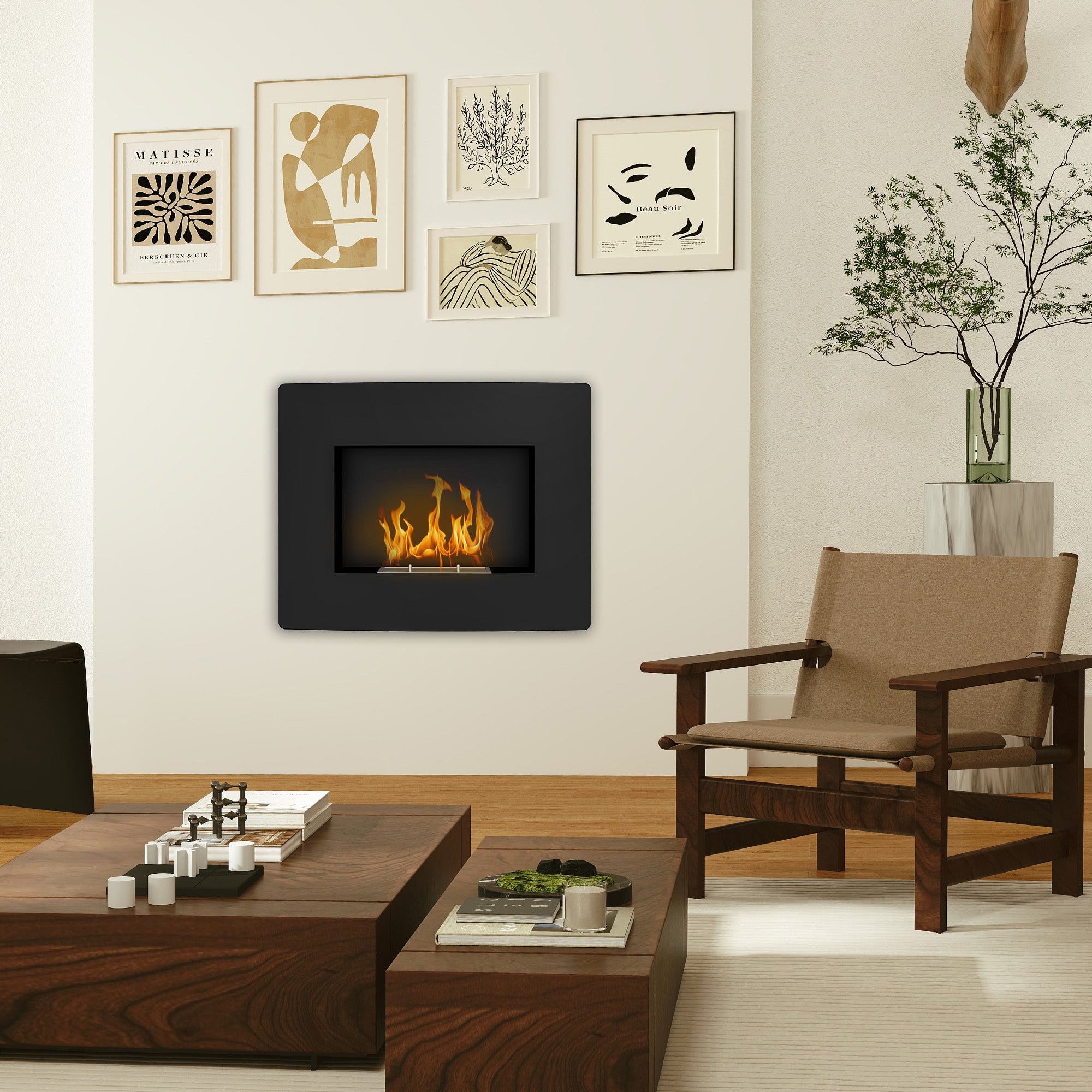 Wall-Mounted Bioethanol Fireplace Curved Bioethanol Stove with 0.9L Stainless Steel Flame Extinguisher Combustion Time 3.3H for Indoors 15-20 m² 66x16x52 cm Black
