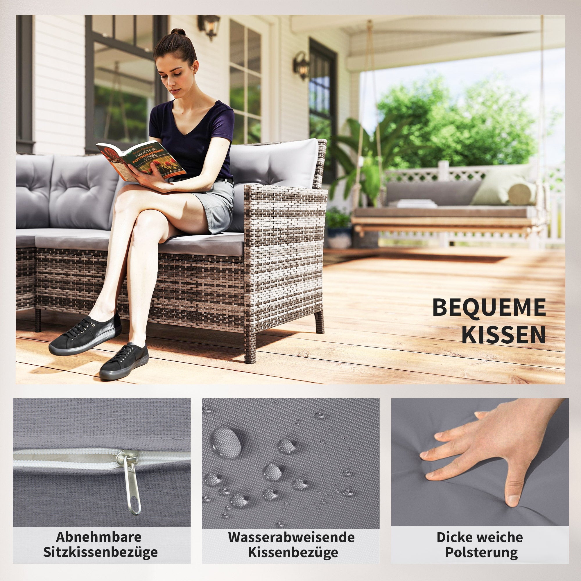 6-piece seating group garden set sofa set patio furniture set lounge, polyrattan, gray